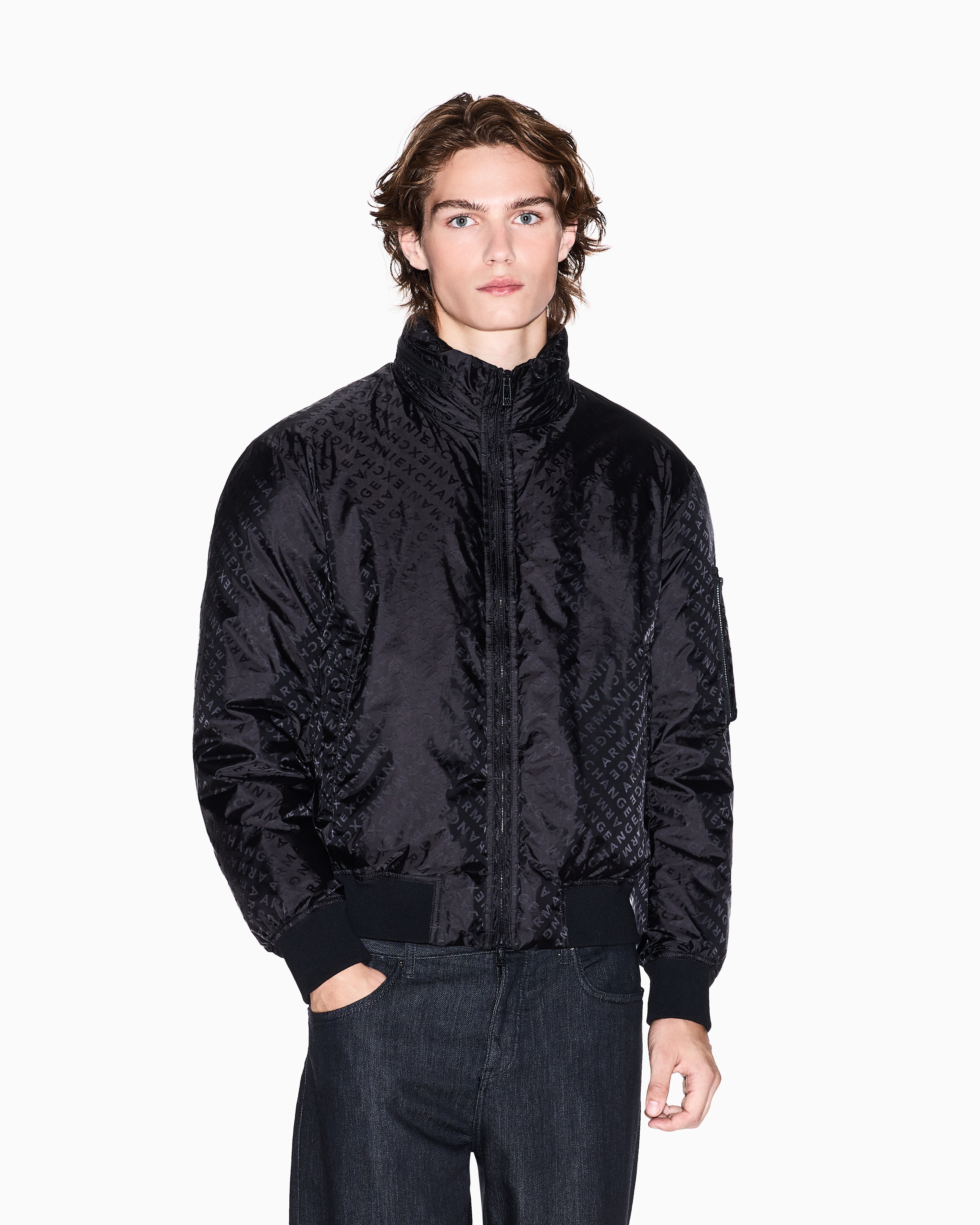 Armani Exchange - ALLOVER LOGO LETTERING BOMBER JACKET, Man, Black, Size: