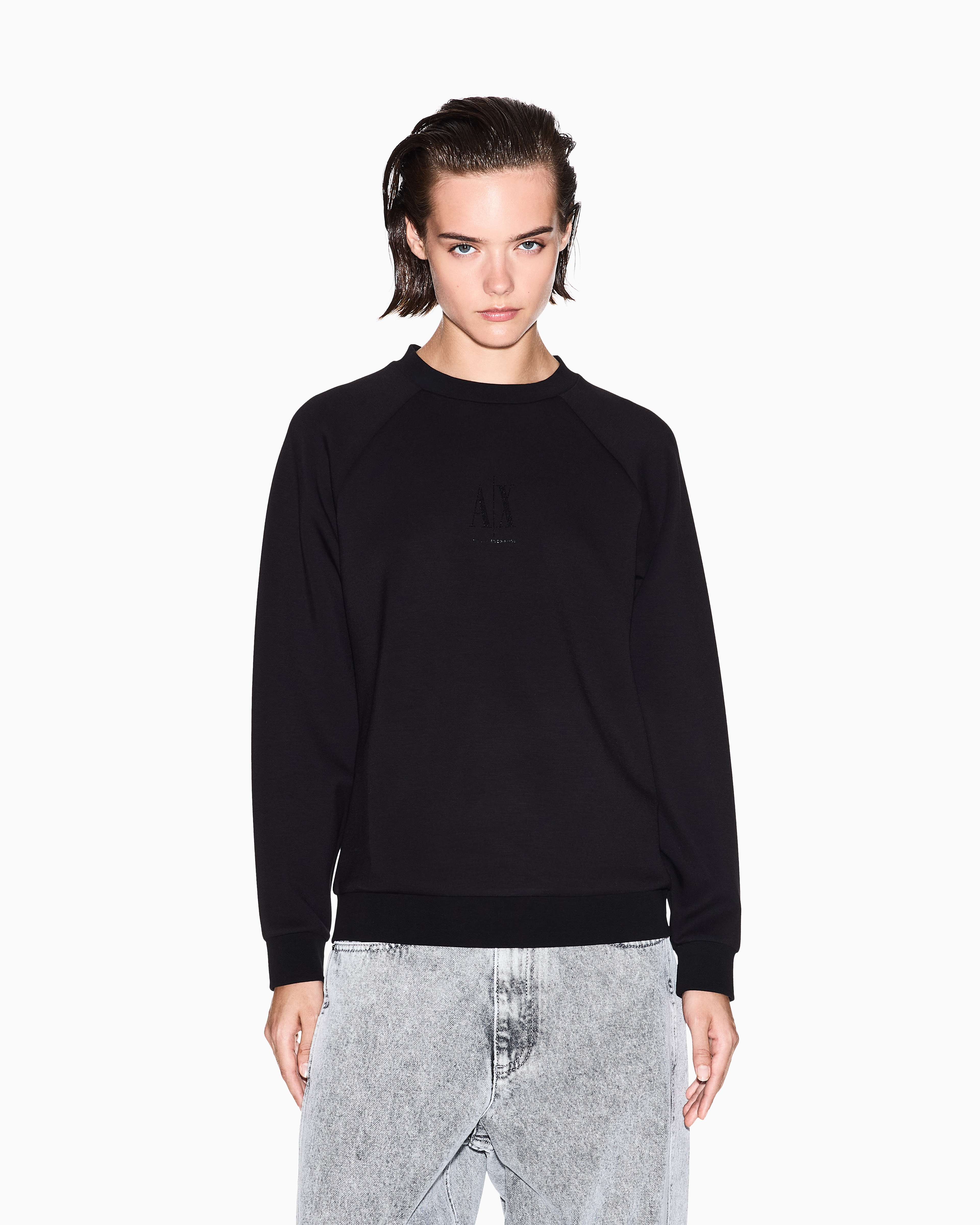 Armani Exchange - Glitter Logo Crewneck Sweatshirt, Woman, Black, Size: S