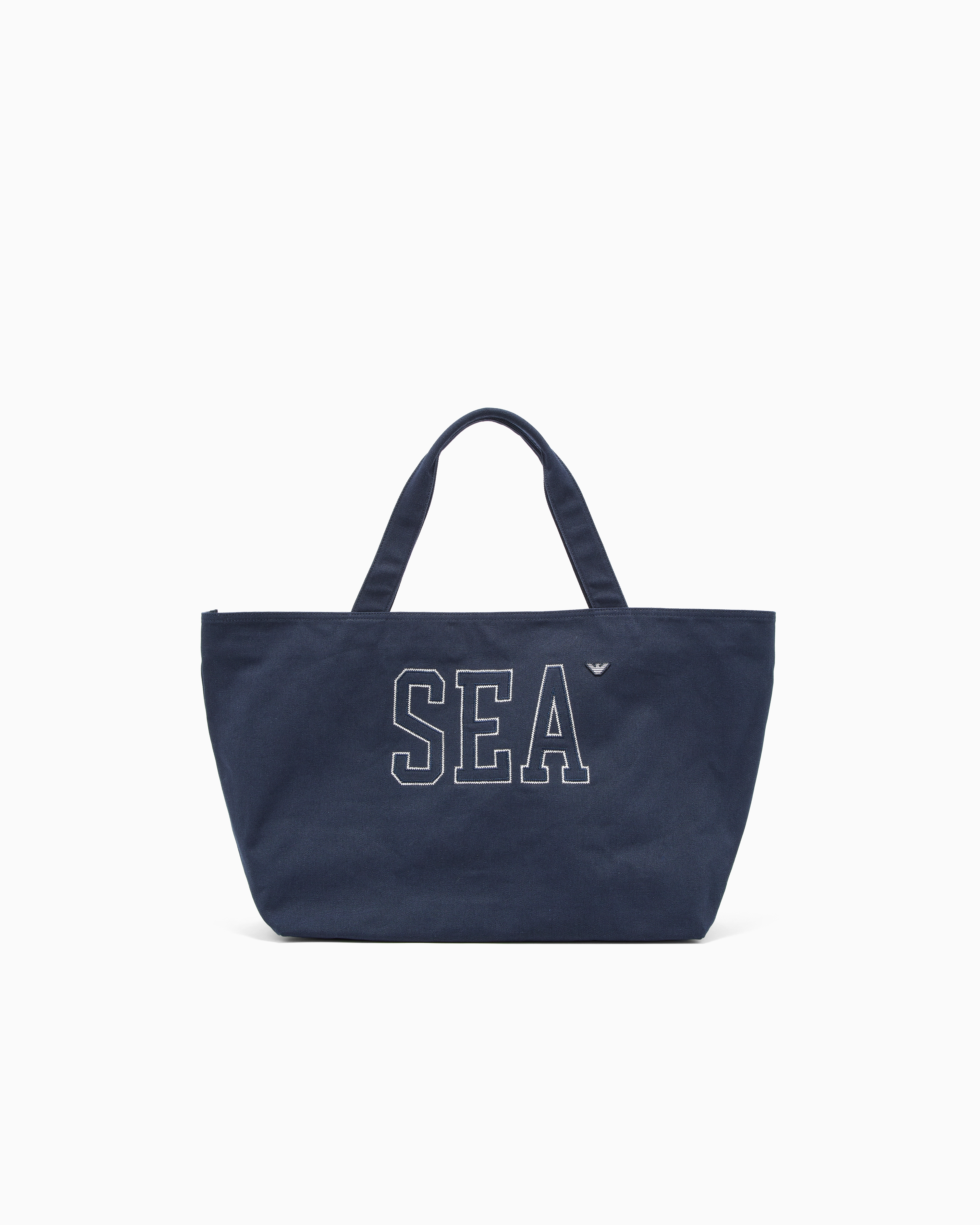 Emporio Armani Unisex Navy Blue Beachwear Shopper Bag In Canvas With Sea Embroidery