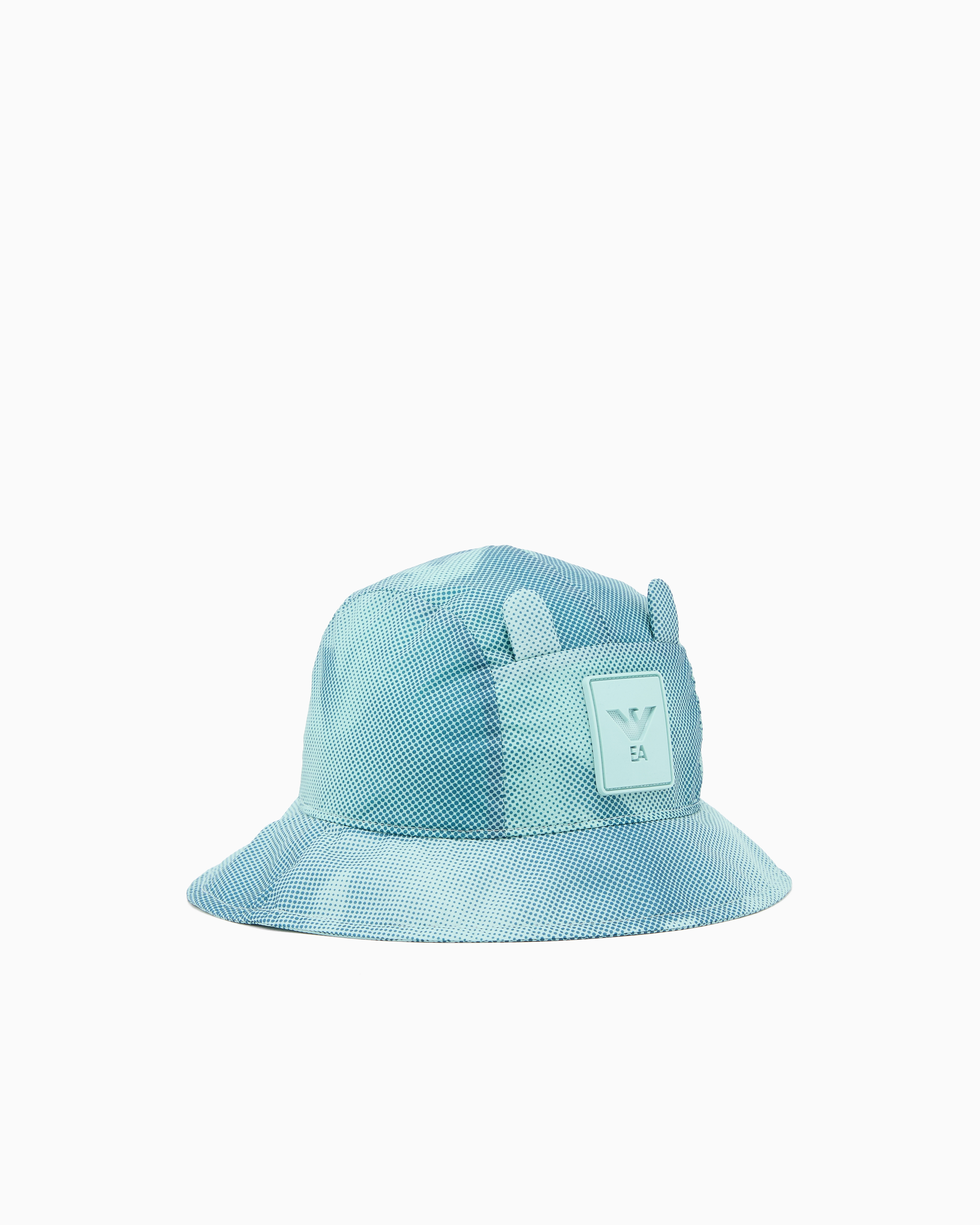 Emporio Armani Light Blue Nylon Cloche Hat With All-Over Eagle And Ear Flaps