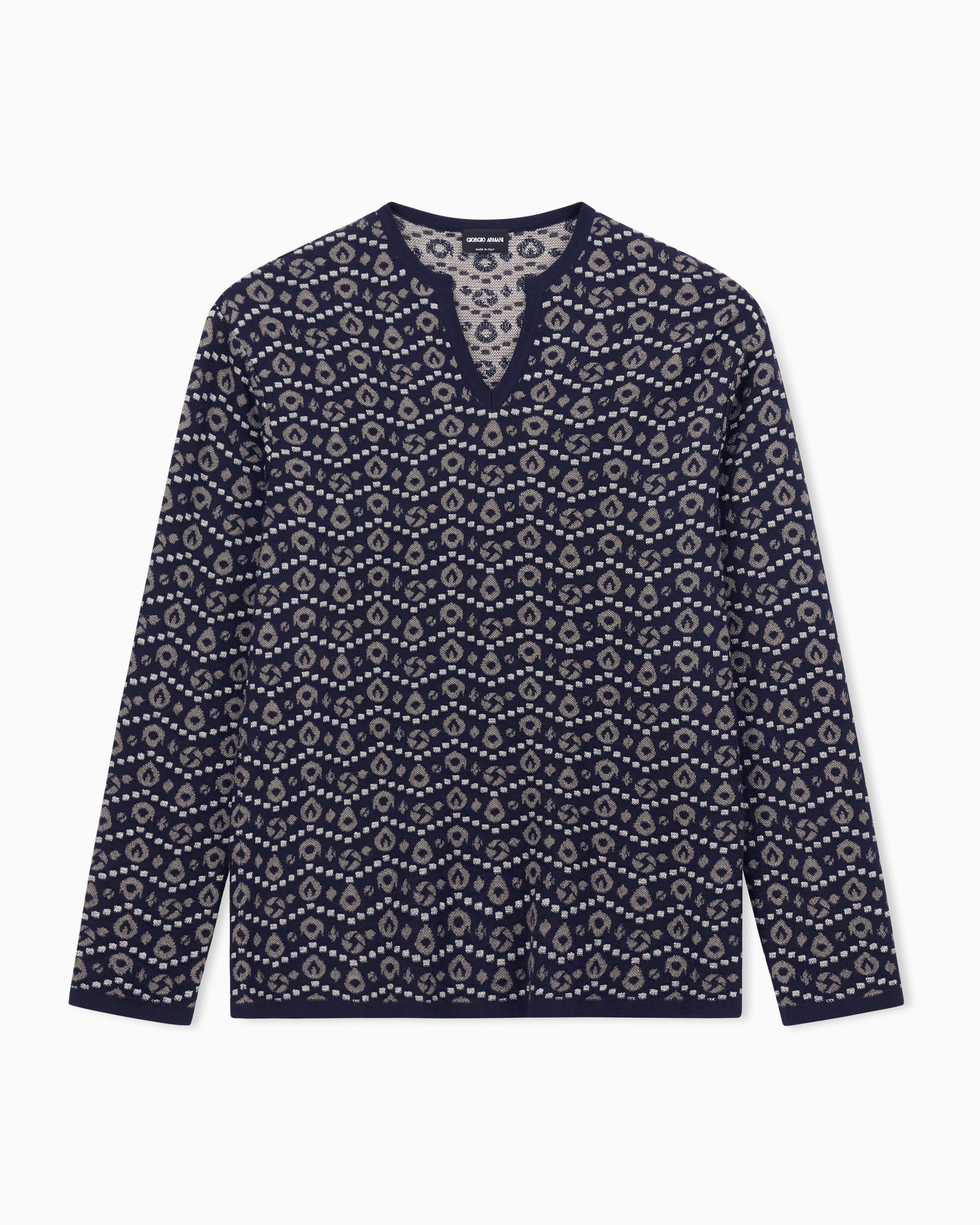 Giorgio Armani Navy Blue V-Neck Jumper In Cashmere, Silk And Viscose Jacquard