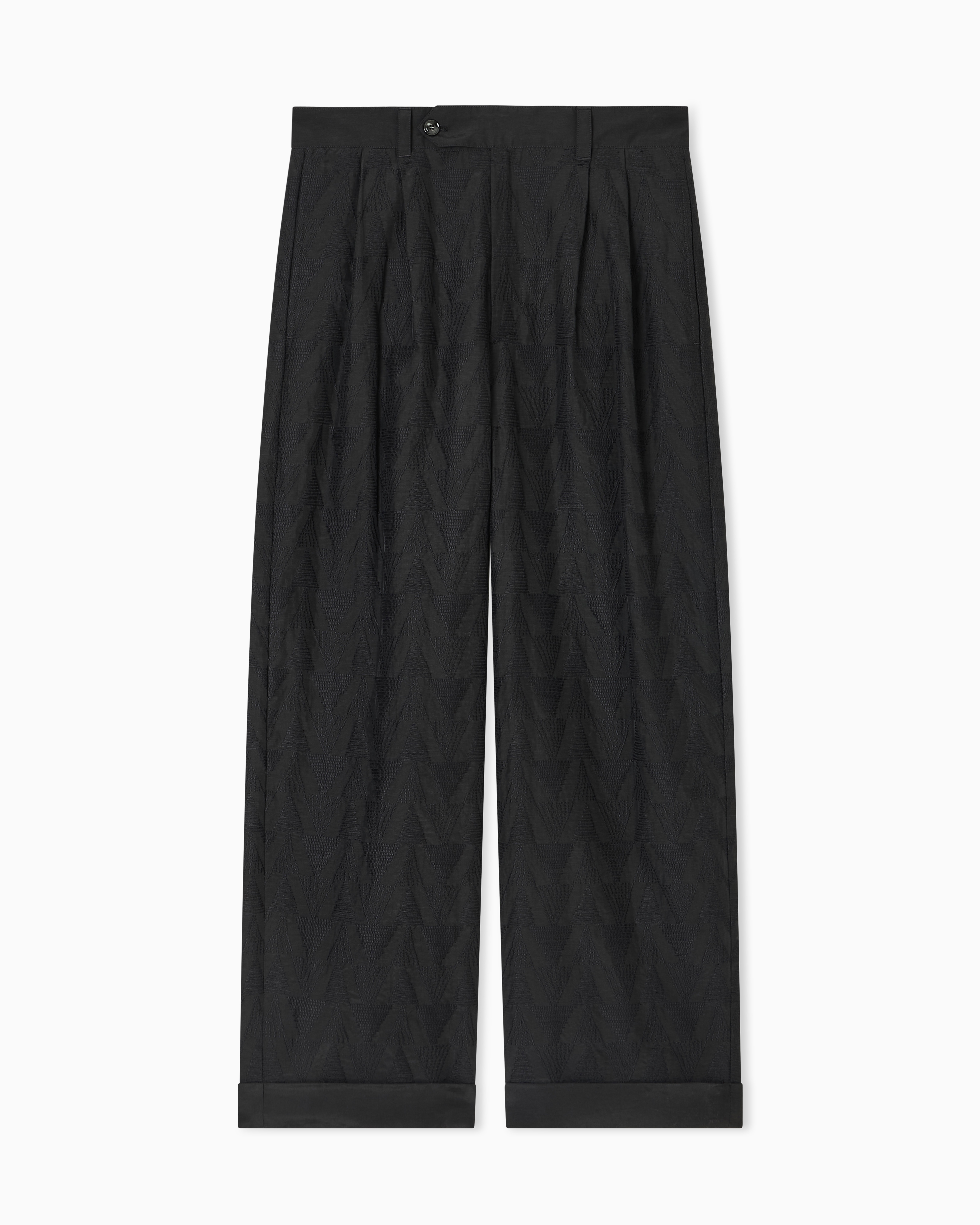 Giorgio Armani Black Trousers In Linen Blend Fabric With Pleats And Chevron Embroidery