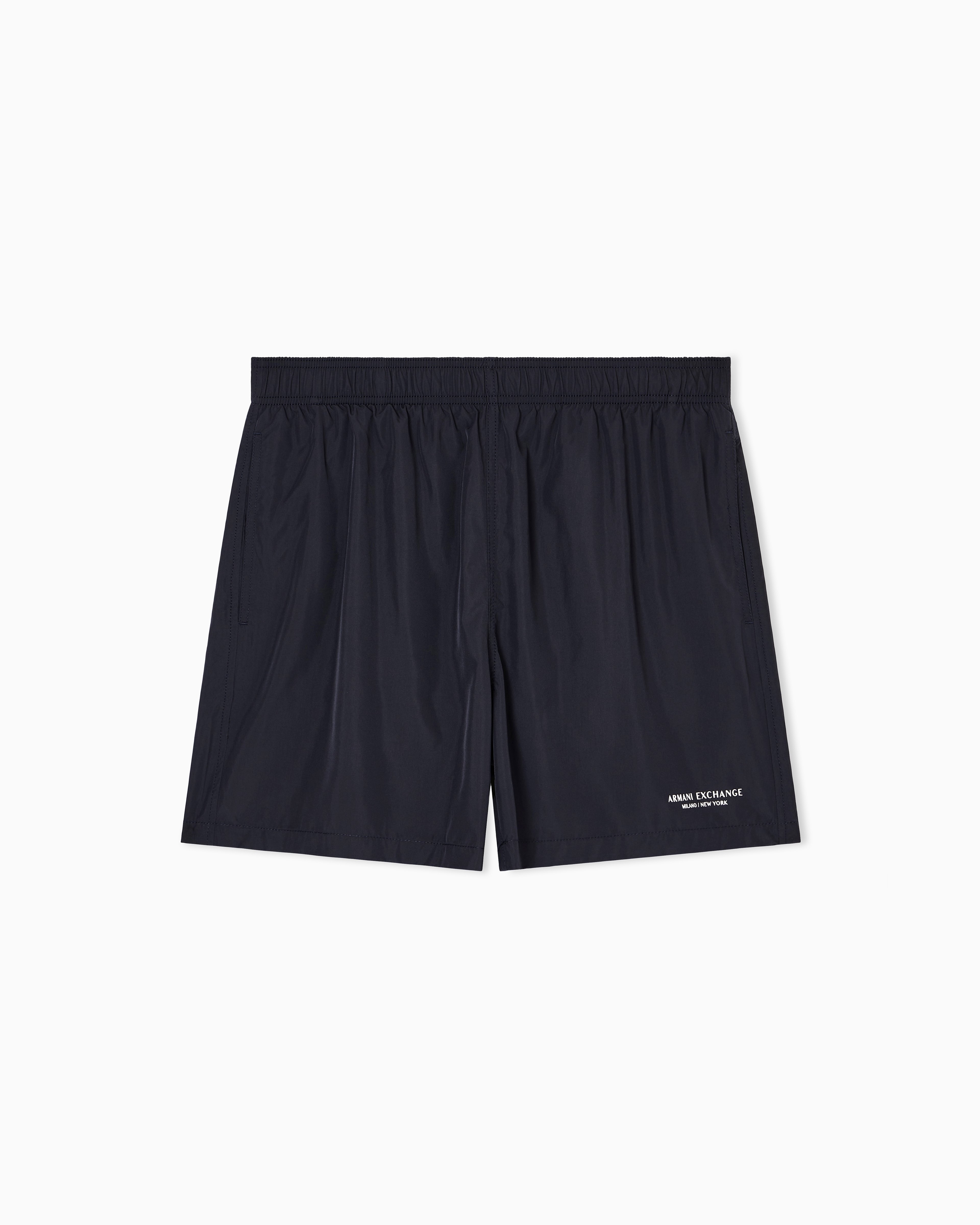 Armani Exchange - LOGO PRINT BOXER SWIM TRUNKS, Man, Navy Blue, Size: