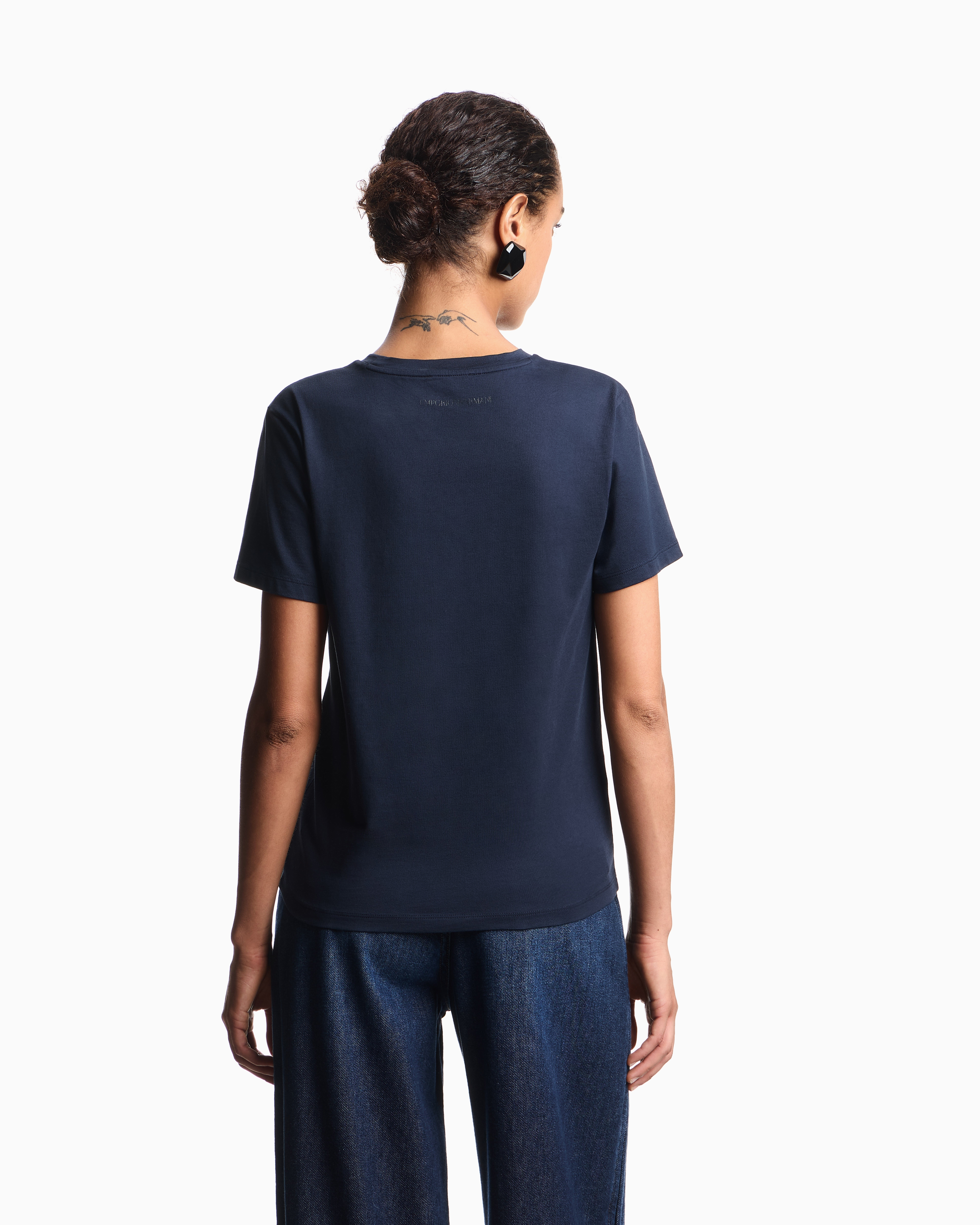 Emporio Armani - ASV organic jersey T-shirt with multicoloured logo embroidery, Woman, Navy Blue, Size: