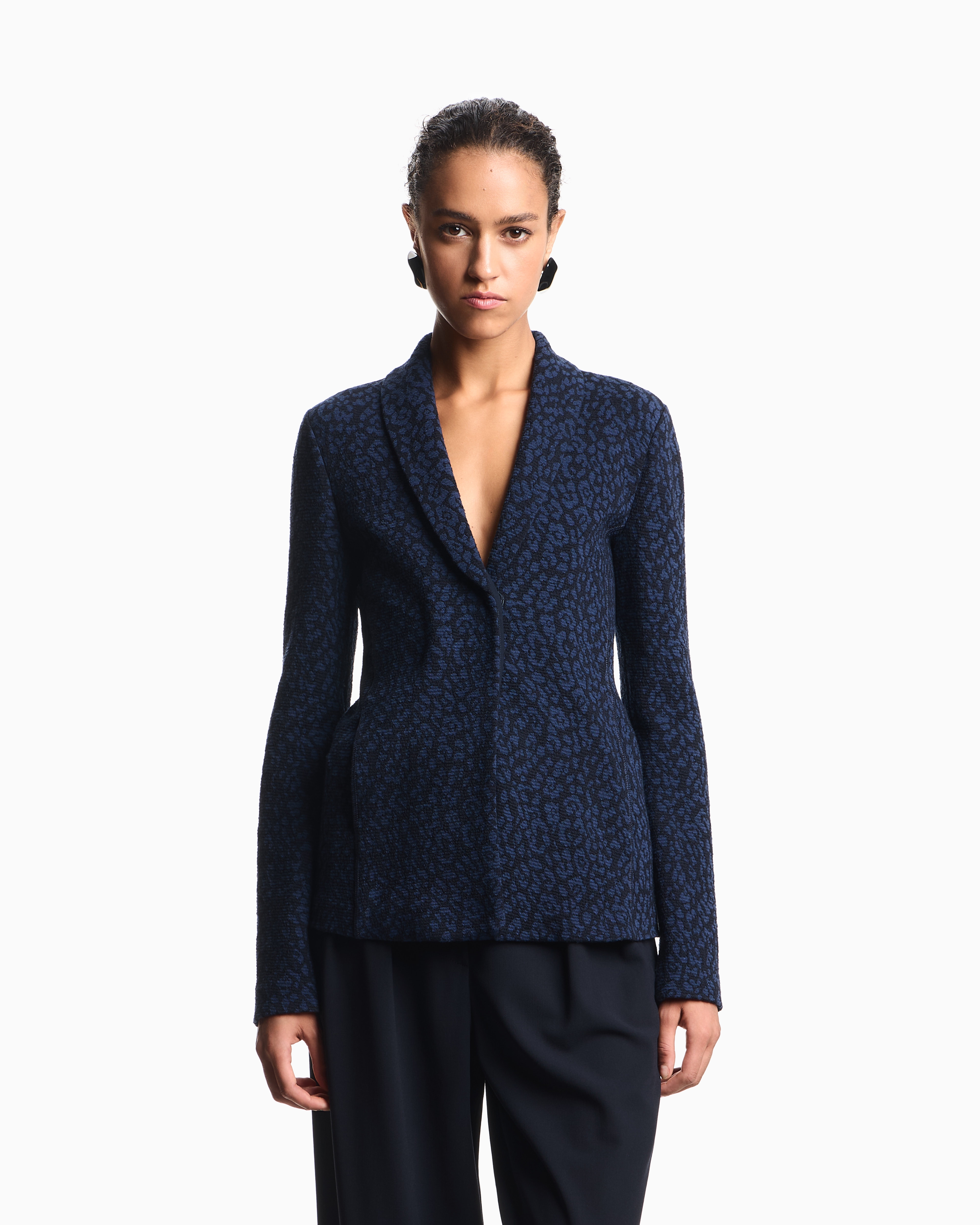 Emporio Armani - Wool knit jacket with dappled floral motif, Woman, Blue, Size: