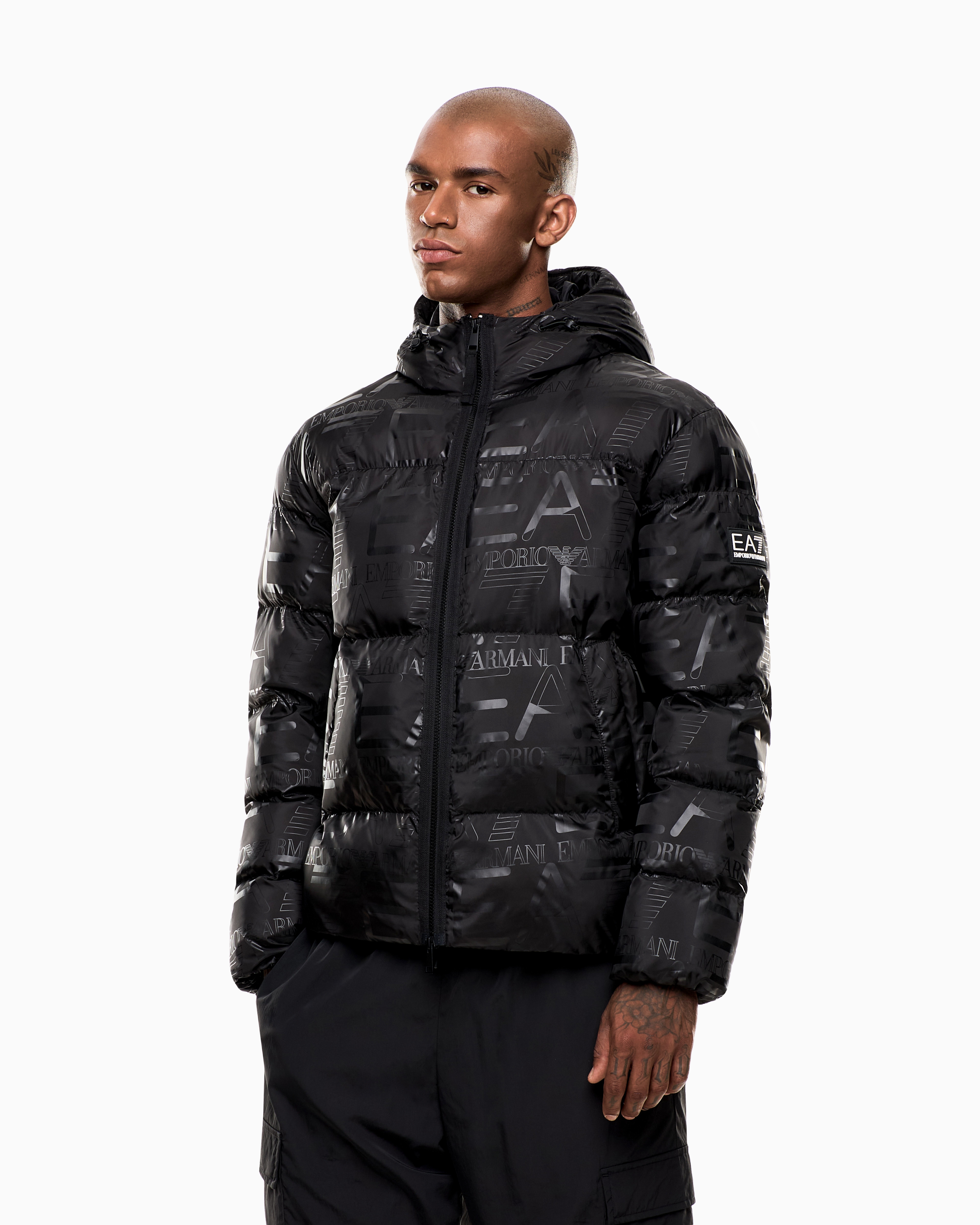 Padded hooded jacket with all-over logo print | EA7