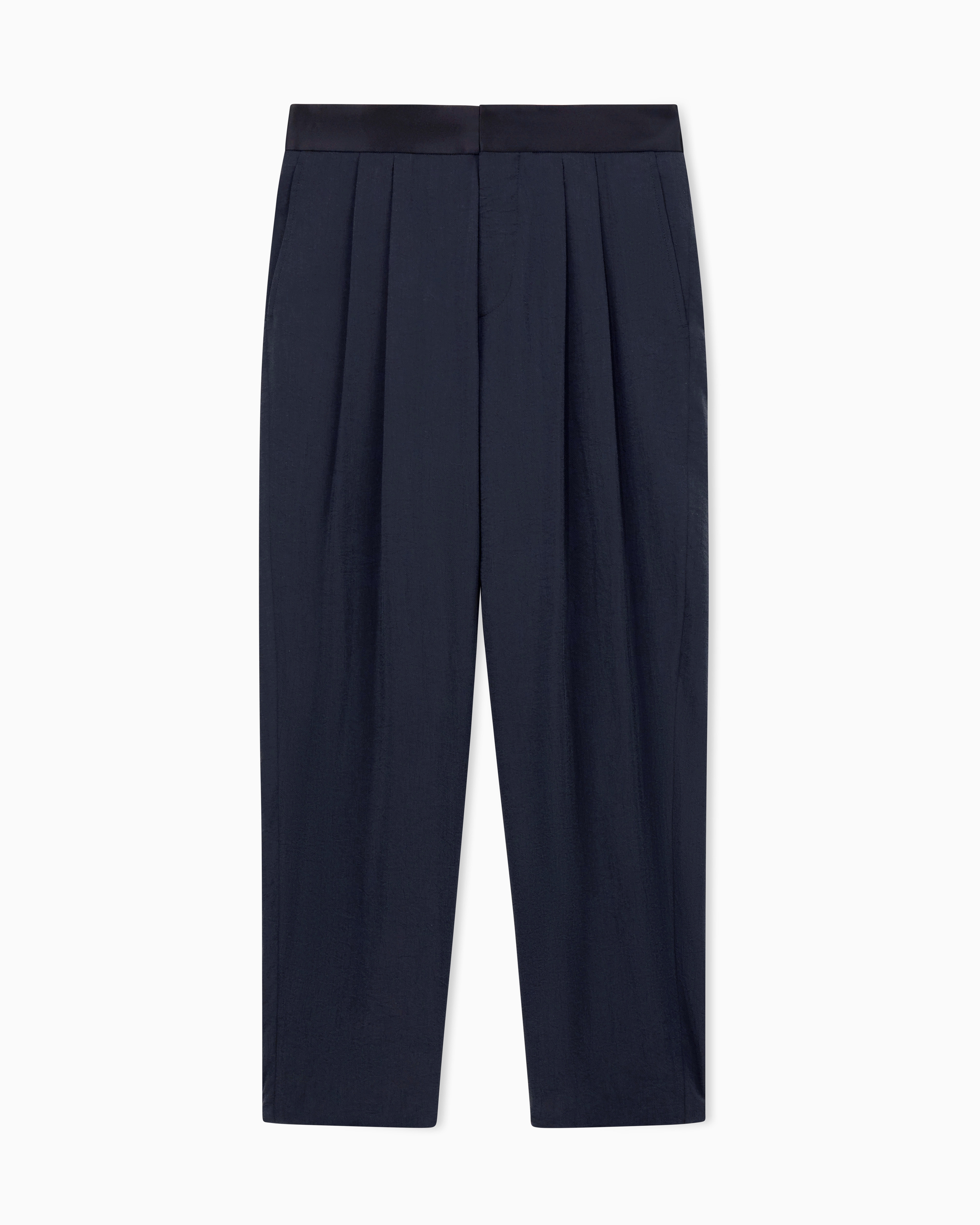 Giorgio Armani Black Double Pleat Trousers In Washed Silk Blend With Satin