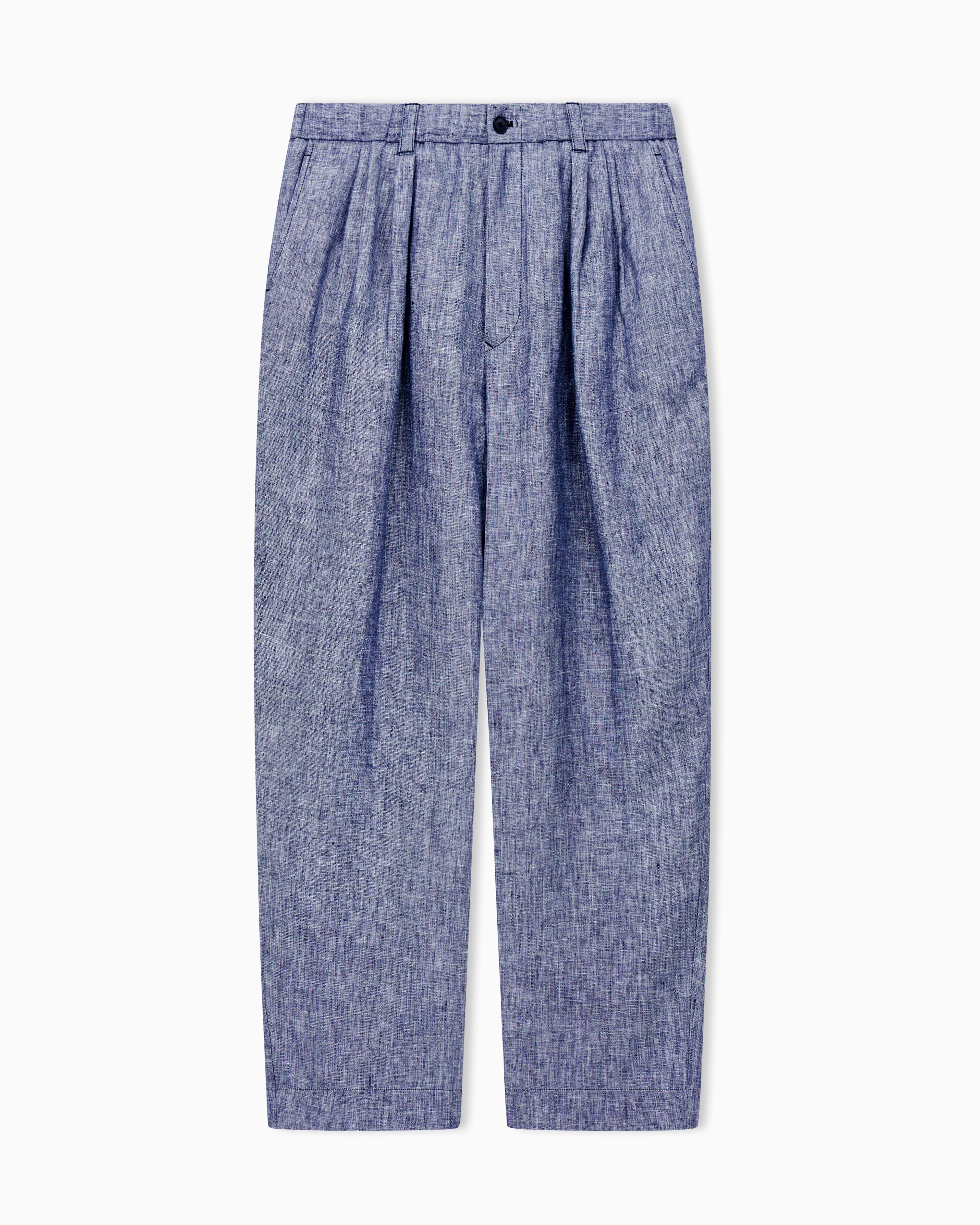 Giorgio Armani Light Blue Pleat Trousers In Mélange Linen Double Canvas