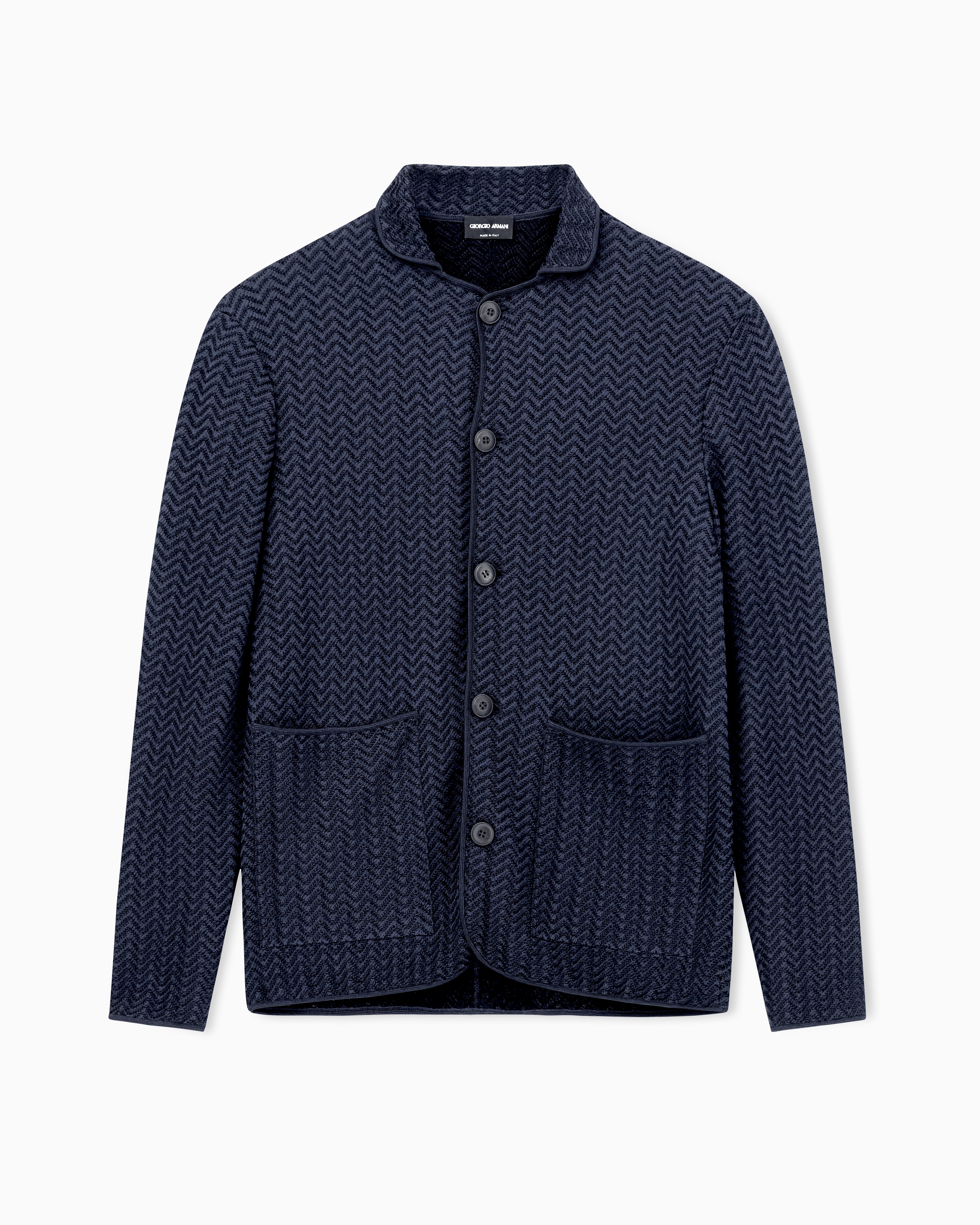 Giorgio Armani Navy Blue Viscose-Blend Chevron Ottoman Single-Breasted Jacket