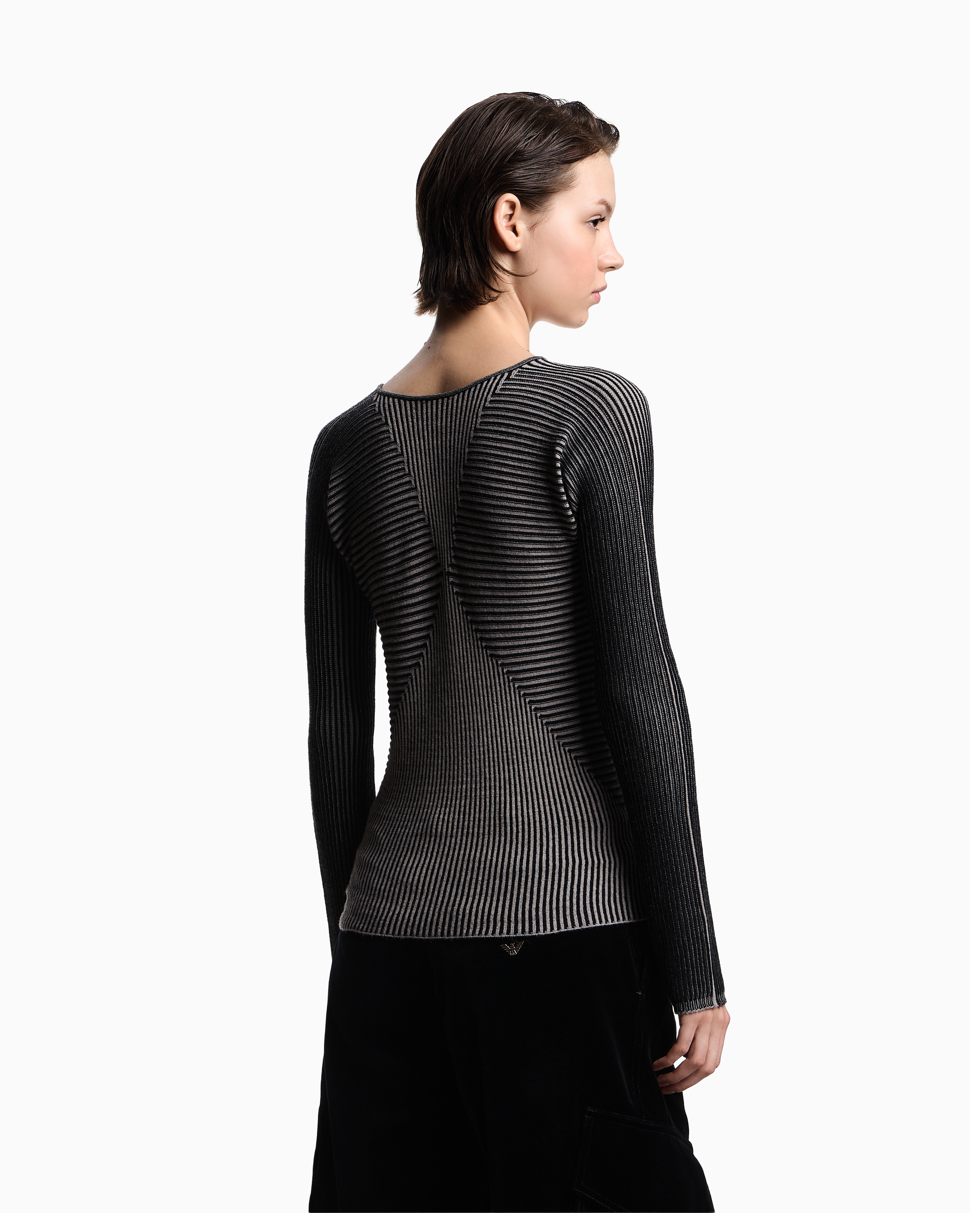 Emporio Armani - V-neck jumper with striped links-stitched details, Woman, Black, Size: