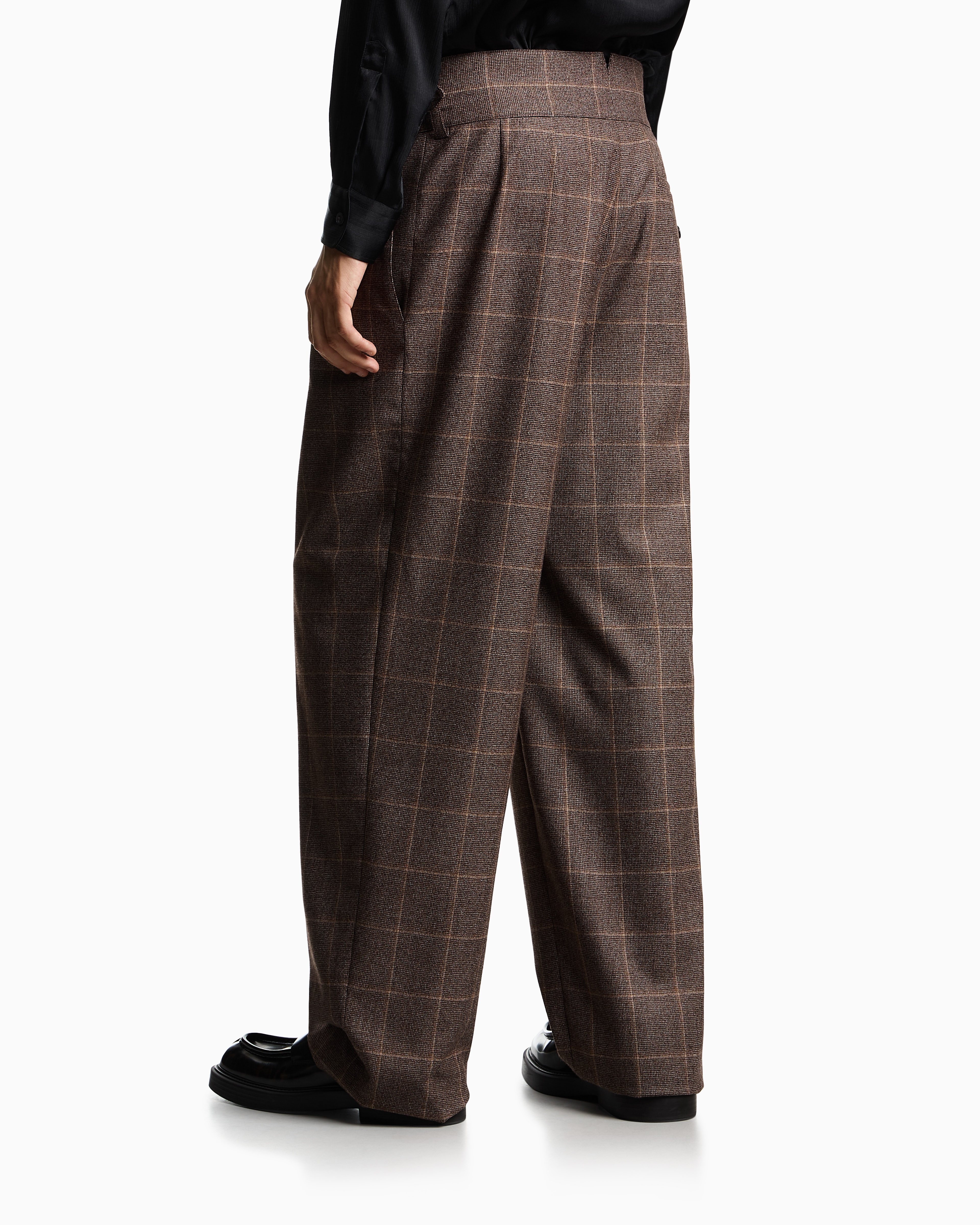 Emporio Armani - Check-motif flannel trousers with pleats, Man, Brown, Size:
