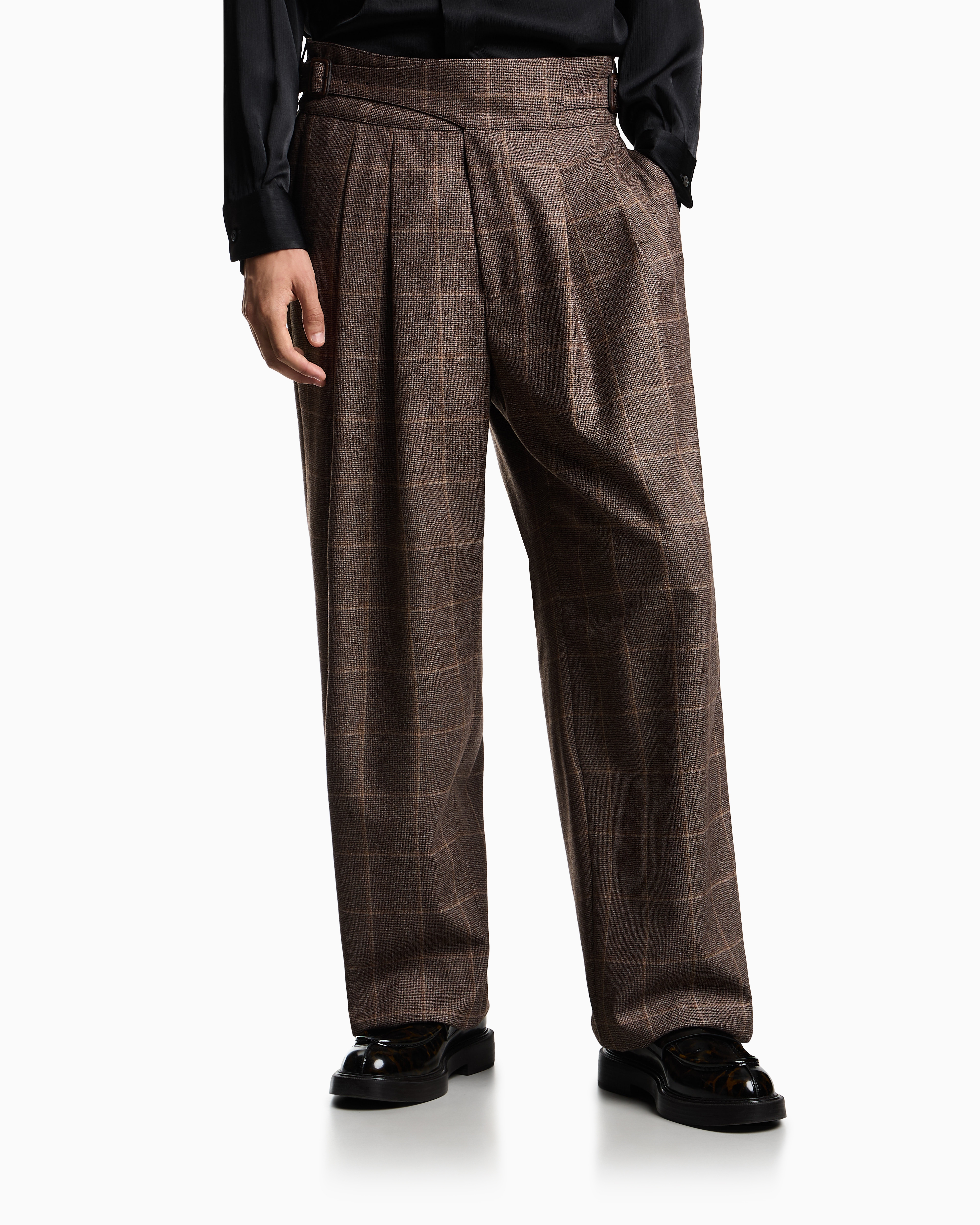 Emporio Armani - Check-motif flannel trousers with pleats, Man, Brown, Size: