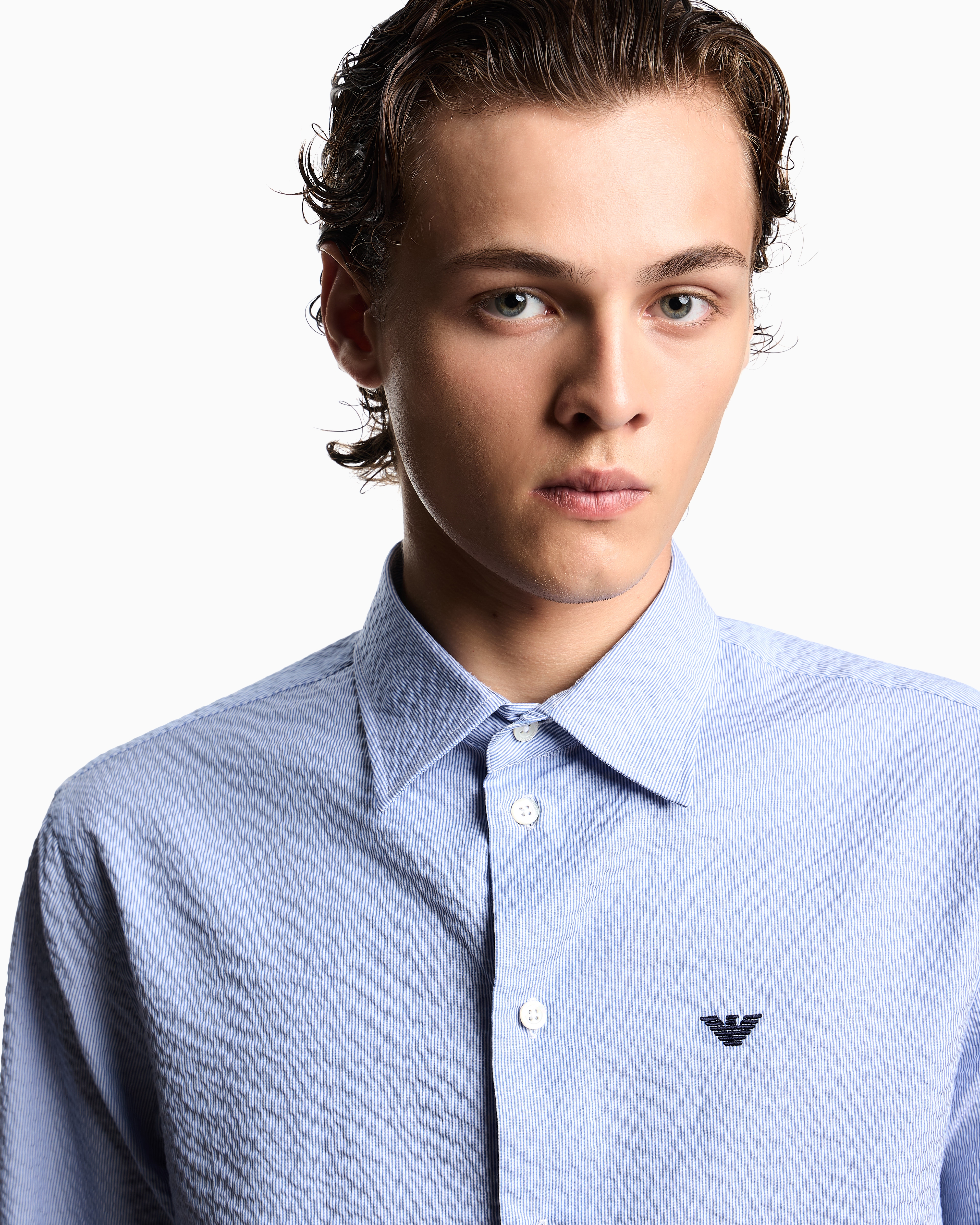 Emporio Armani - Seersucker-finish jacquard cotton shirt, Man, Patterned, Size: