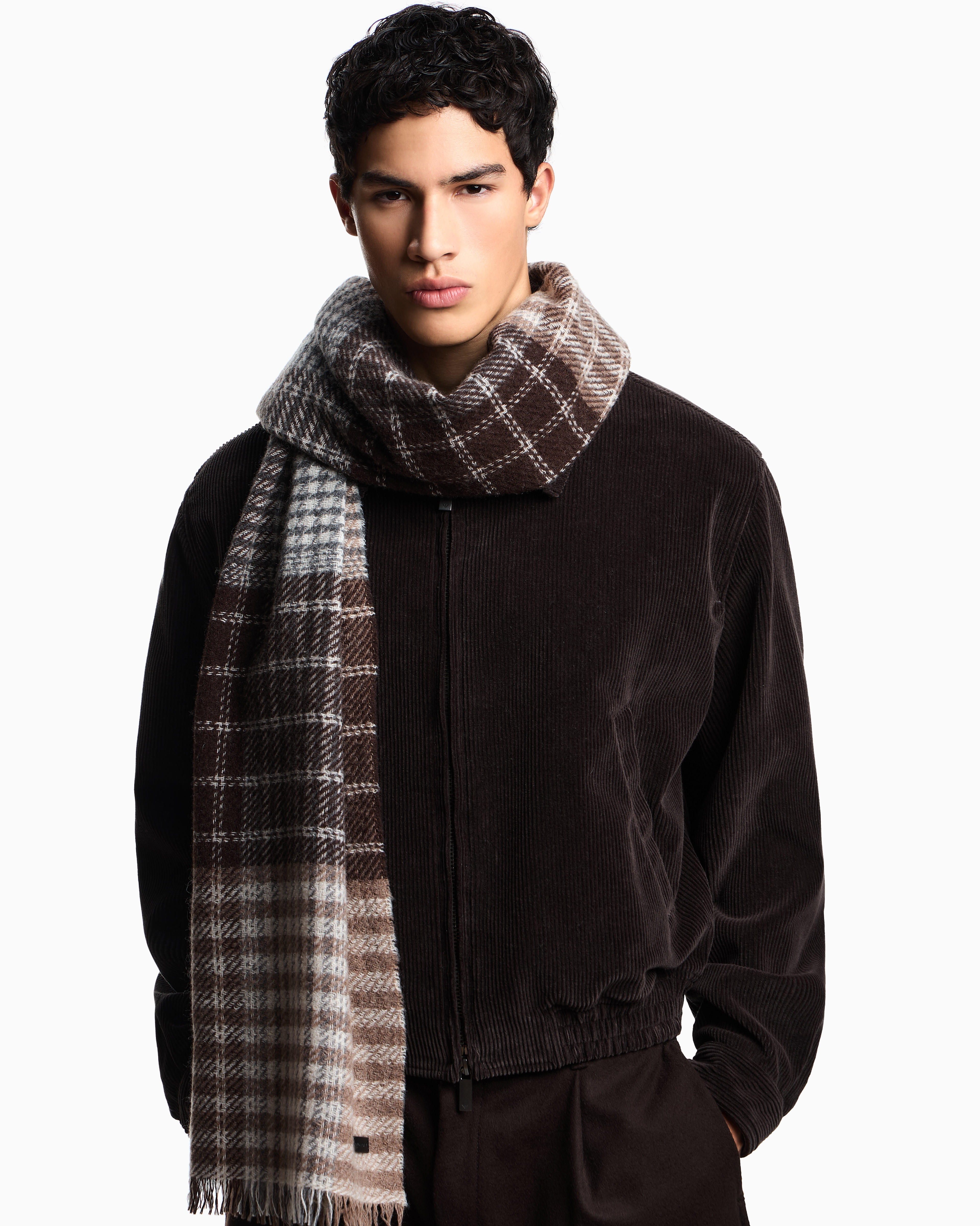 Emporio Armani - Tartan wool scarf, Man, Brown, Size: TU