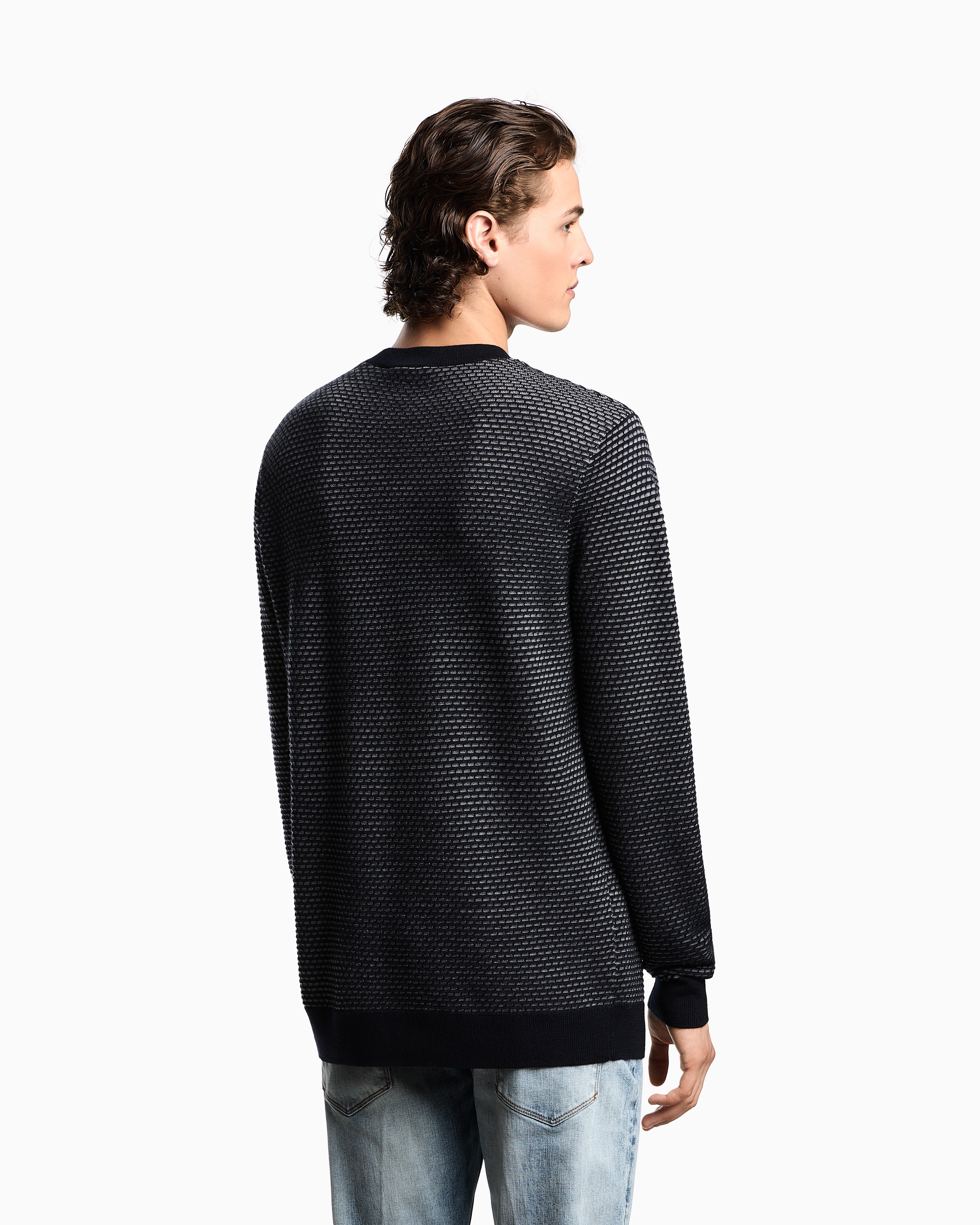 Emporio Armani Textured Dot Virgin Wool Crewneck Sweater In Black