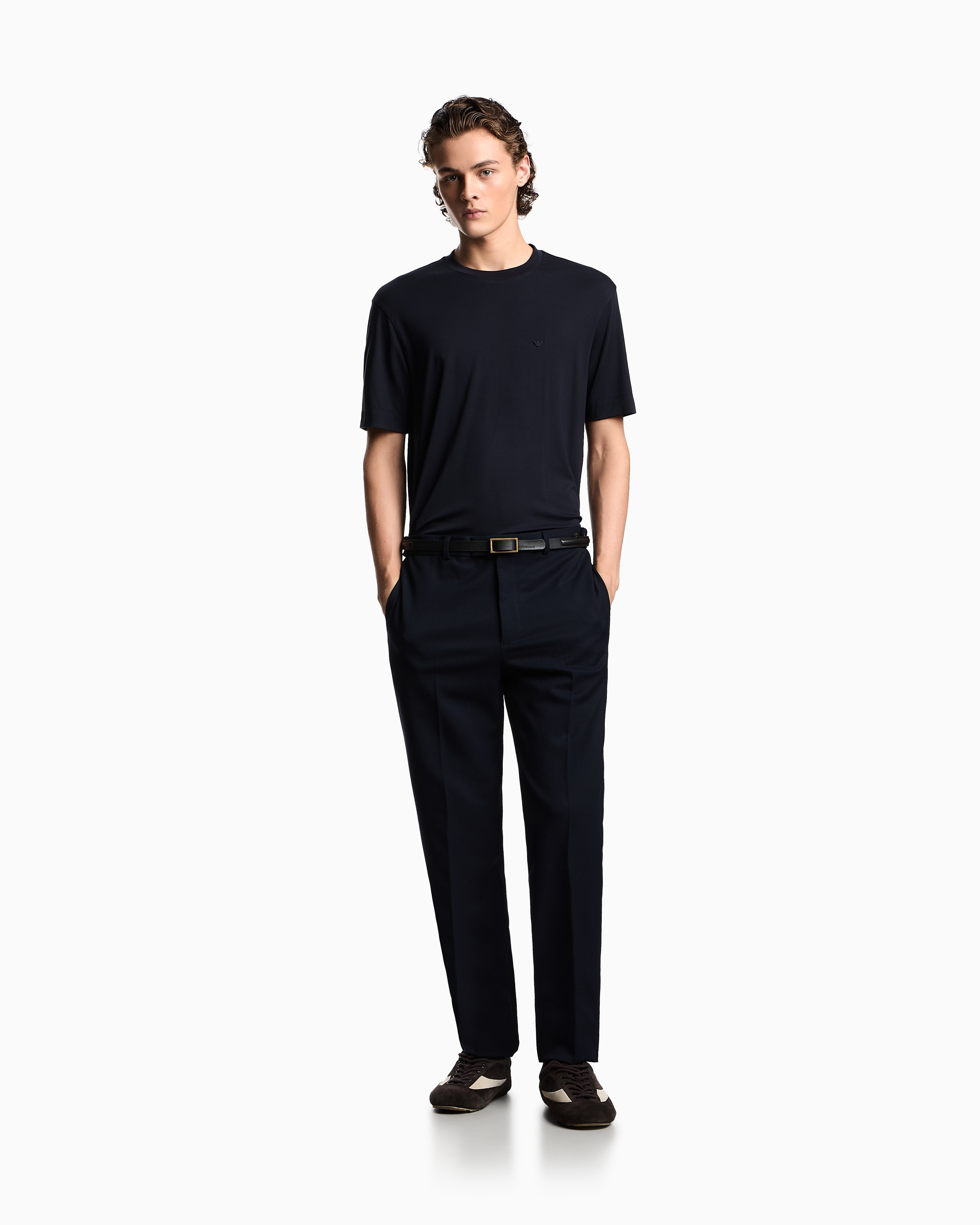 Emporio Armani - Modal jersey T-shirt with micro eagle embroidery, Man, Navy Blue, Size: