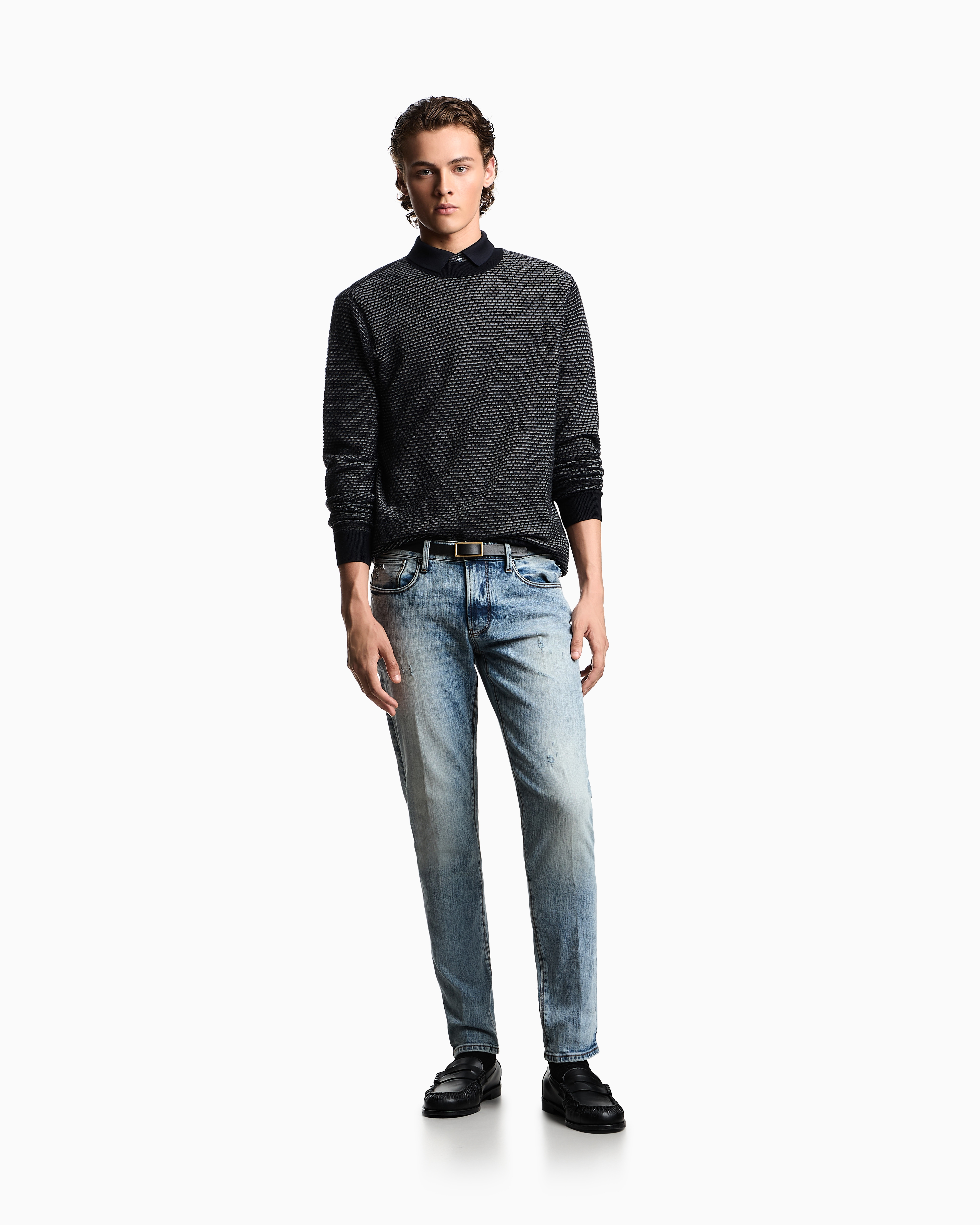 Emporio Armani Textured Dot Virgin Wool Crewneck Sweater In Black
