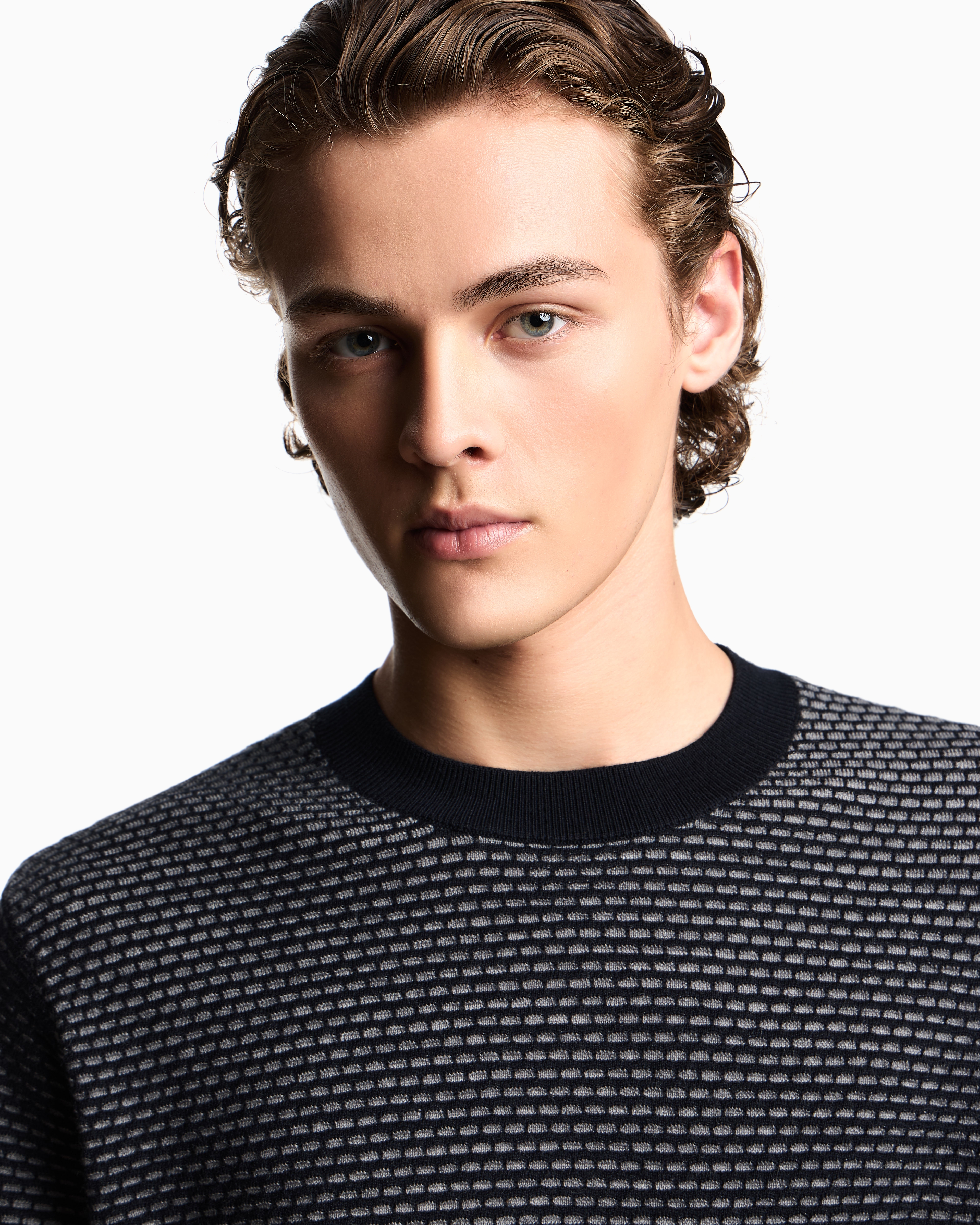 Emporio Armani Textured Dot Virgin Wool Crewneck Sweater In Black