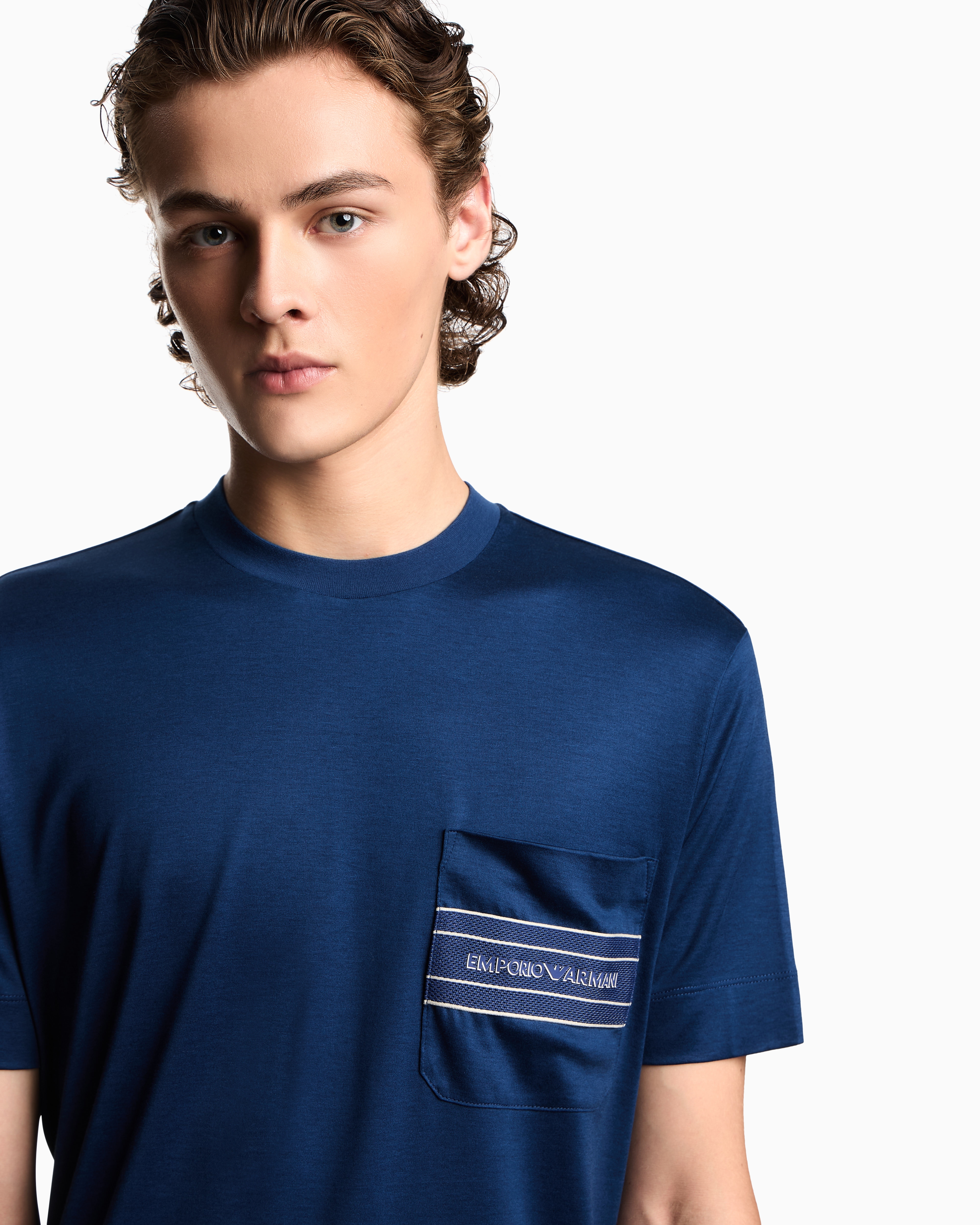Emporio Armani - Lyocell blend jersey T-shirt with pocket and 3D-effect logo, Man, Blue, Size: