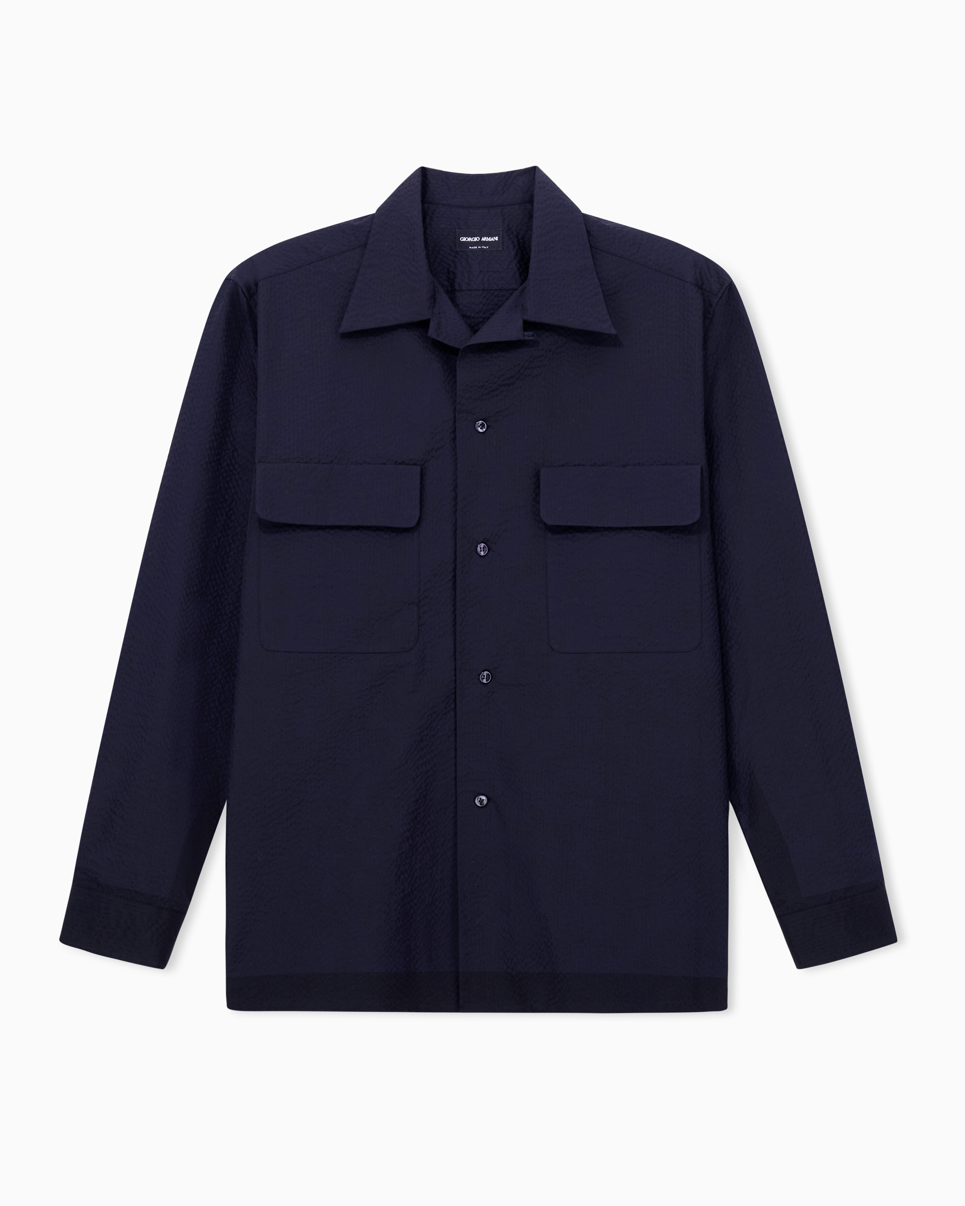 Giorgio Armani Navy Blue Cotton-Seersucker Shirt With Pockets