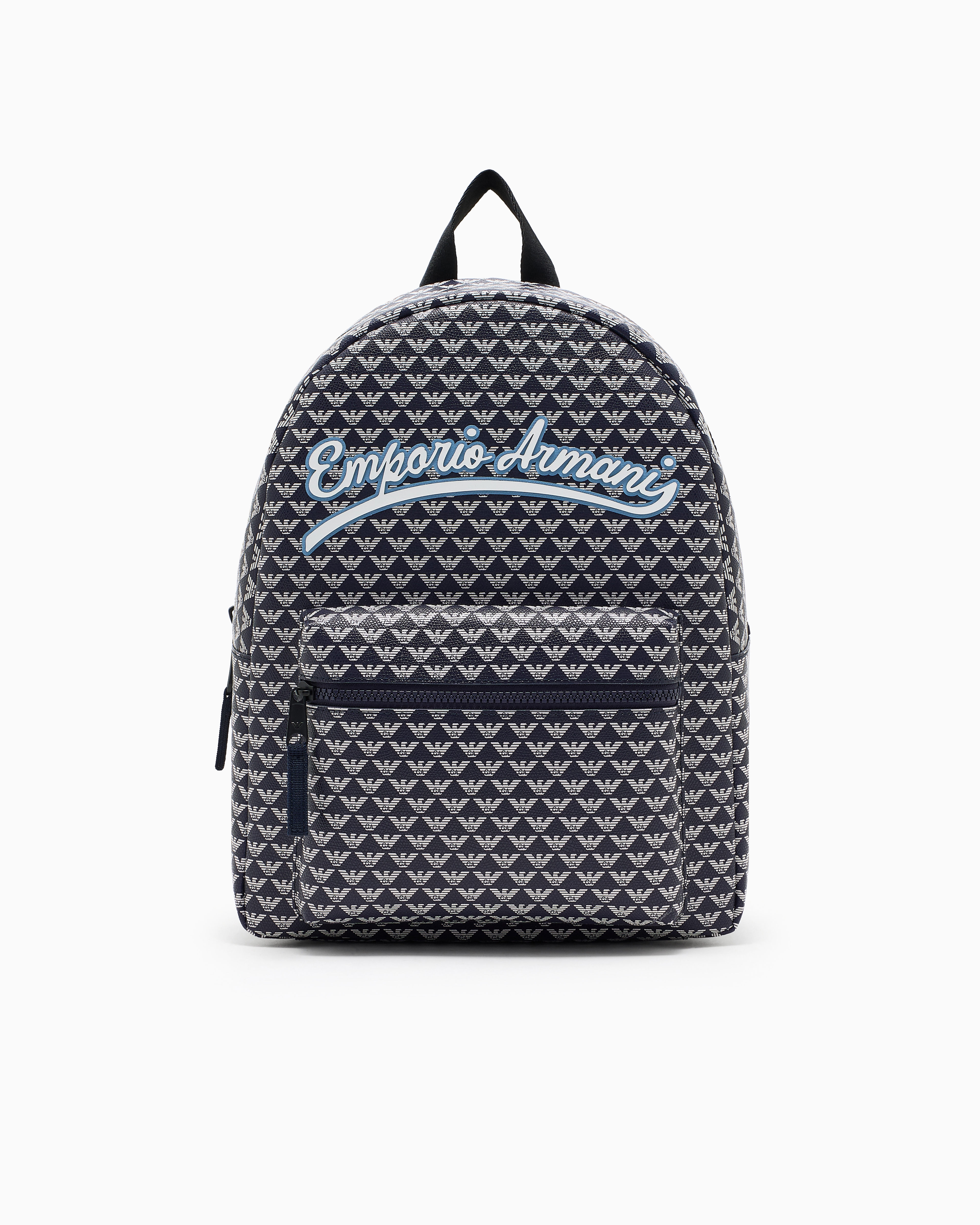 Emporio Armani Blue Round Backpack With All-Over Eagle And Baseball Logo