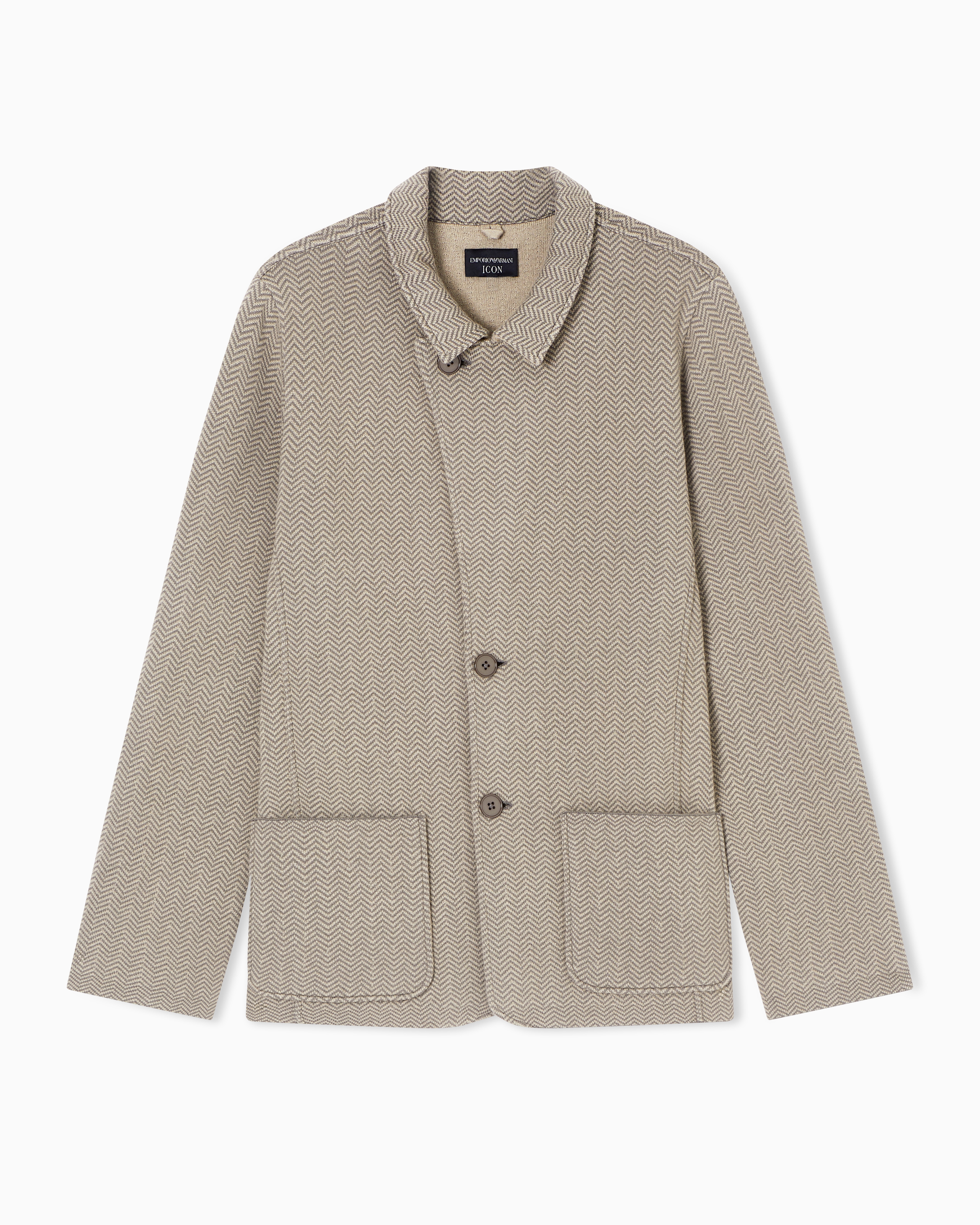 Emporio Armani Beige Icon Chevron Jacquard Wool Knit Jacket