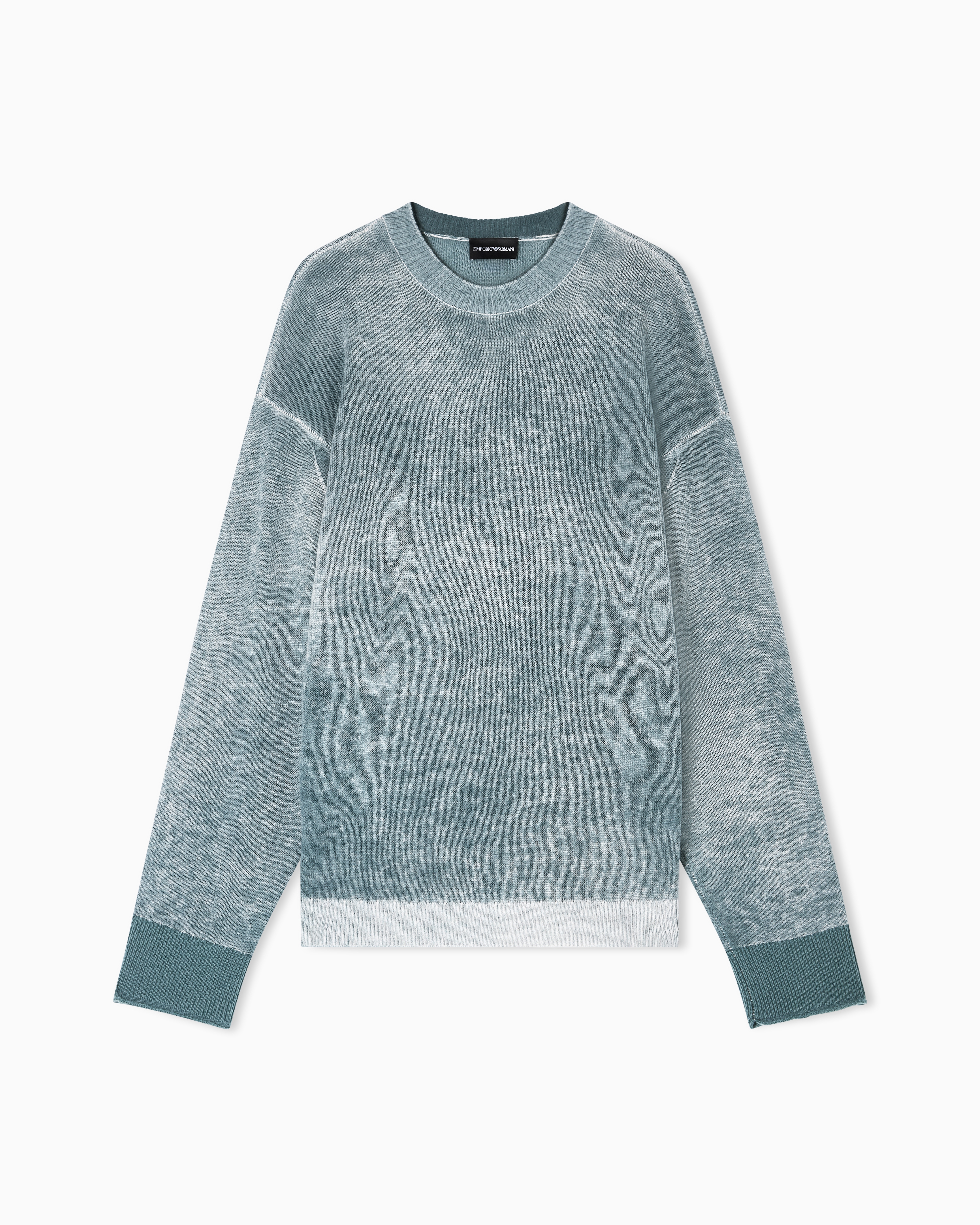 Emporio Armani Blue Printed, Plain-Knit Virgin Wool Jumper
