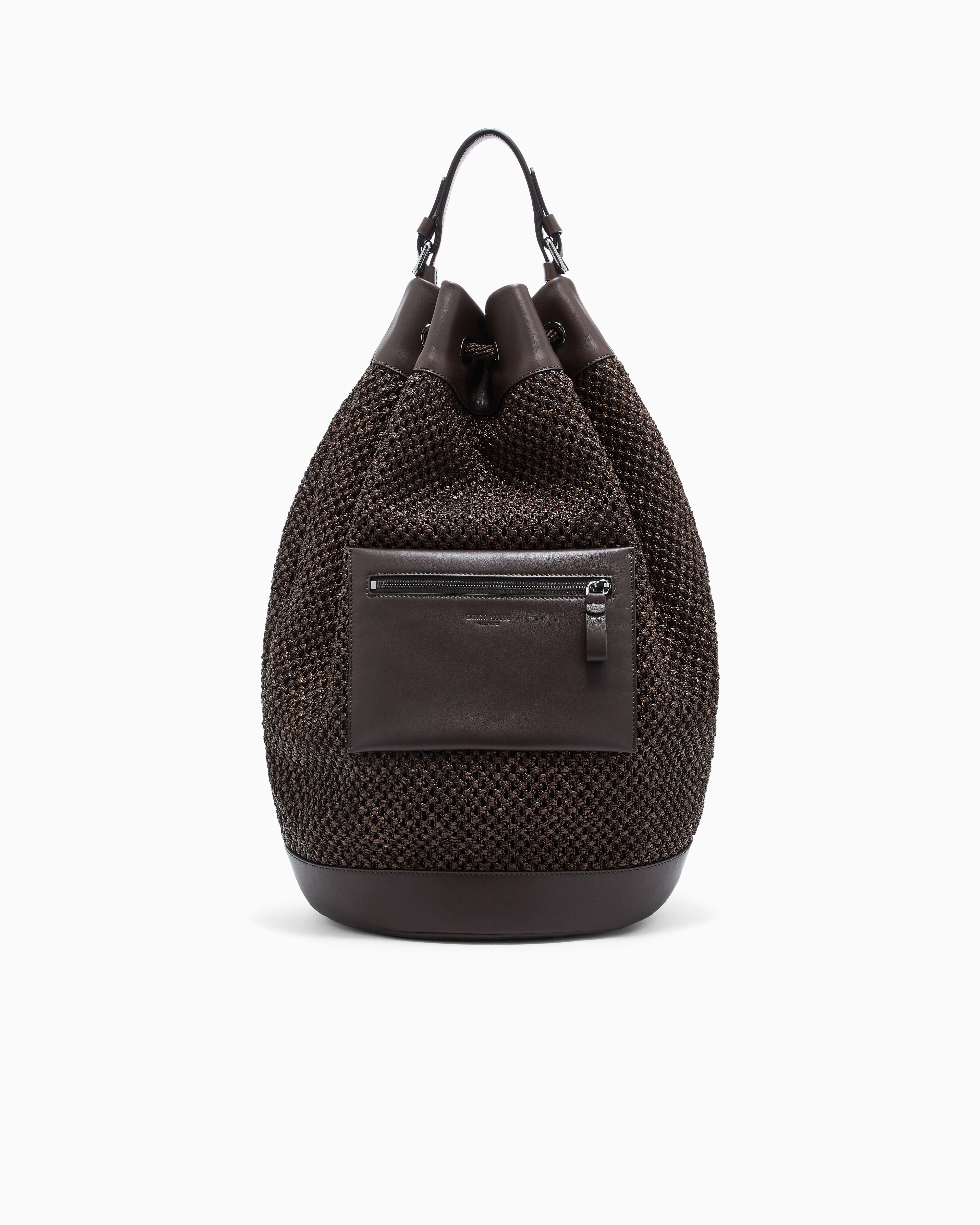 Giorgio Armani Brown Raffia And Leather Backpack