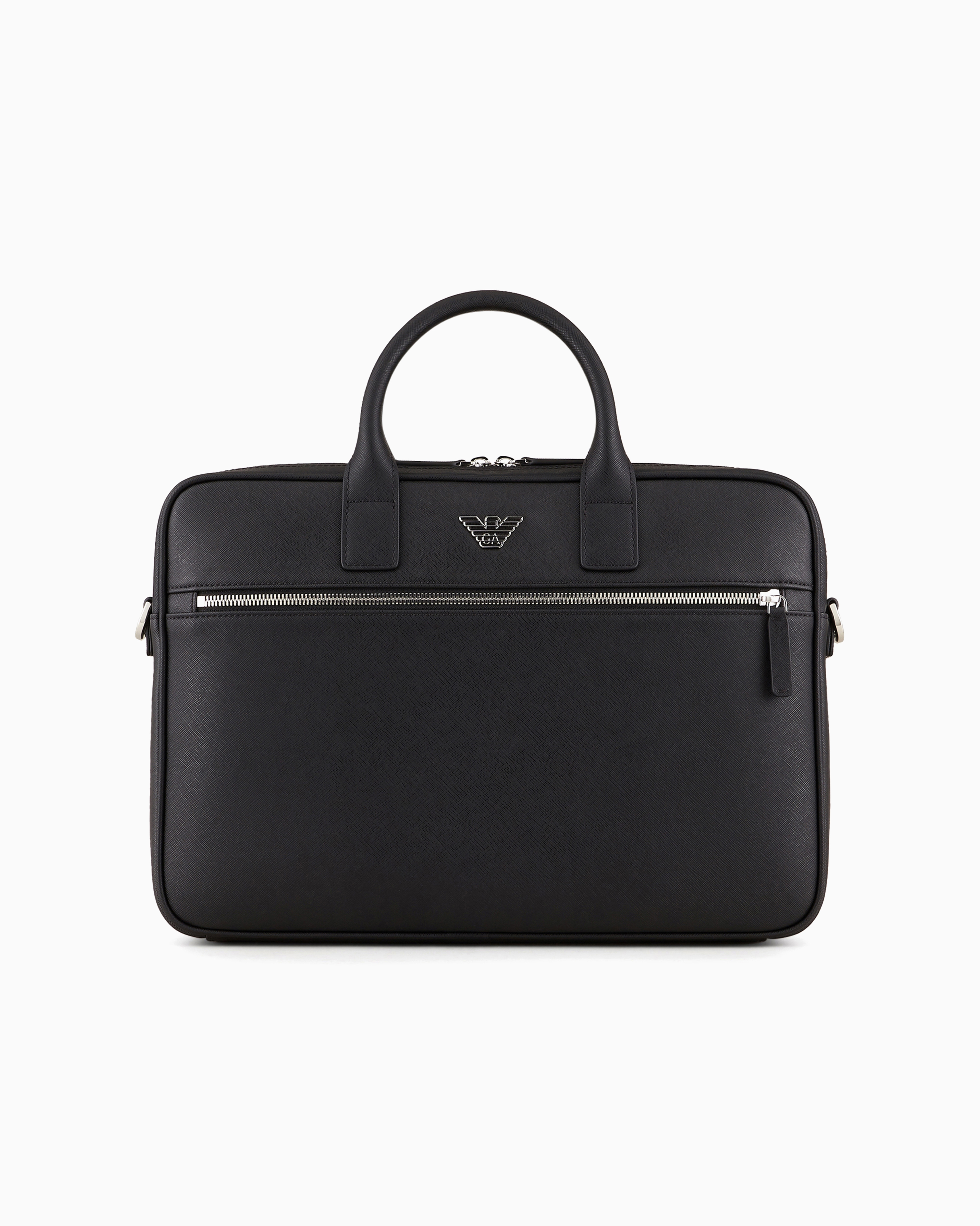 Emporio Armani - ASV regenerated Saffiano leather business bag with eagle plate, Man, Black, Size: TU