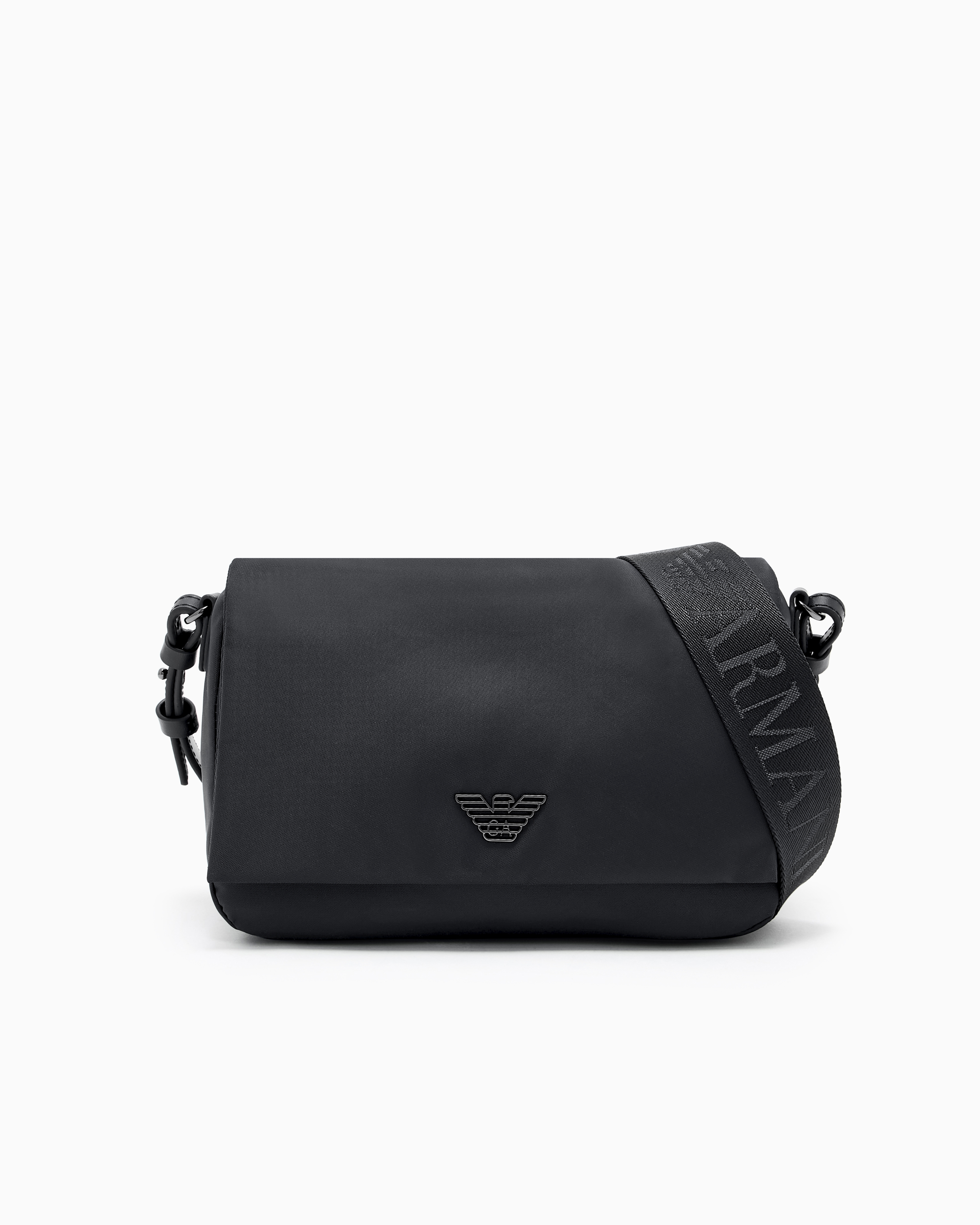 Emporio Armani Black Asv Recycled-Nylon Shoulder Bag With Flap
