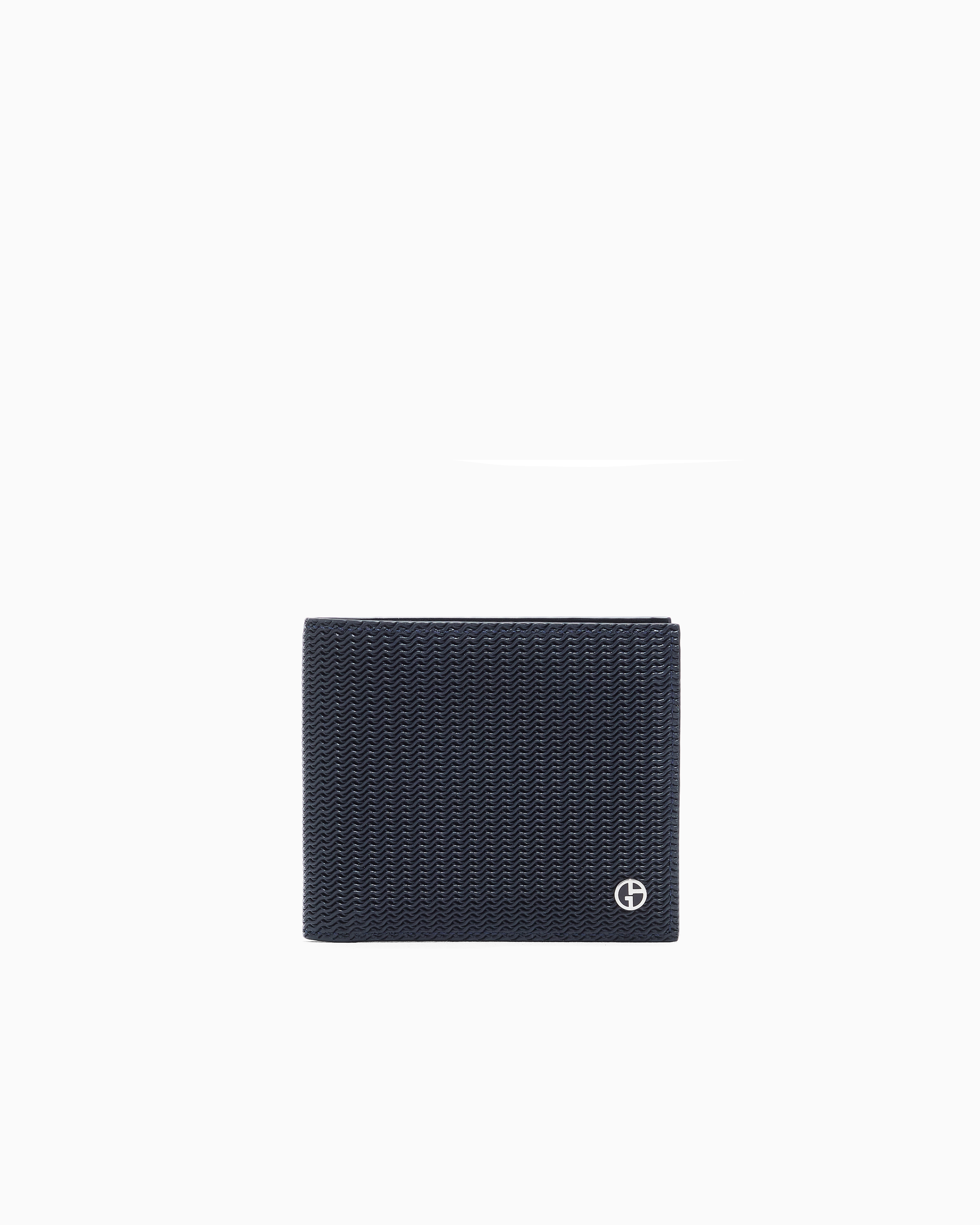 Giorgio Armani Bifold Wallet In Embossed Leather In Blue