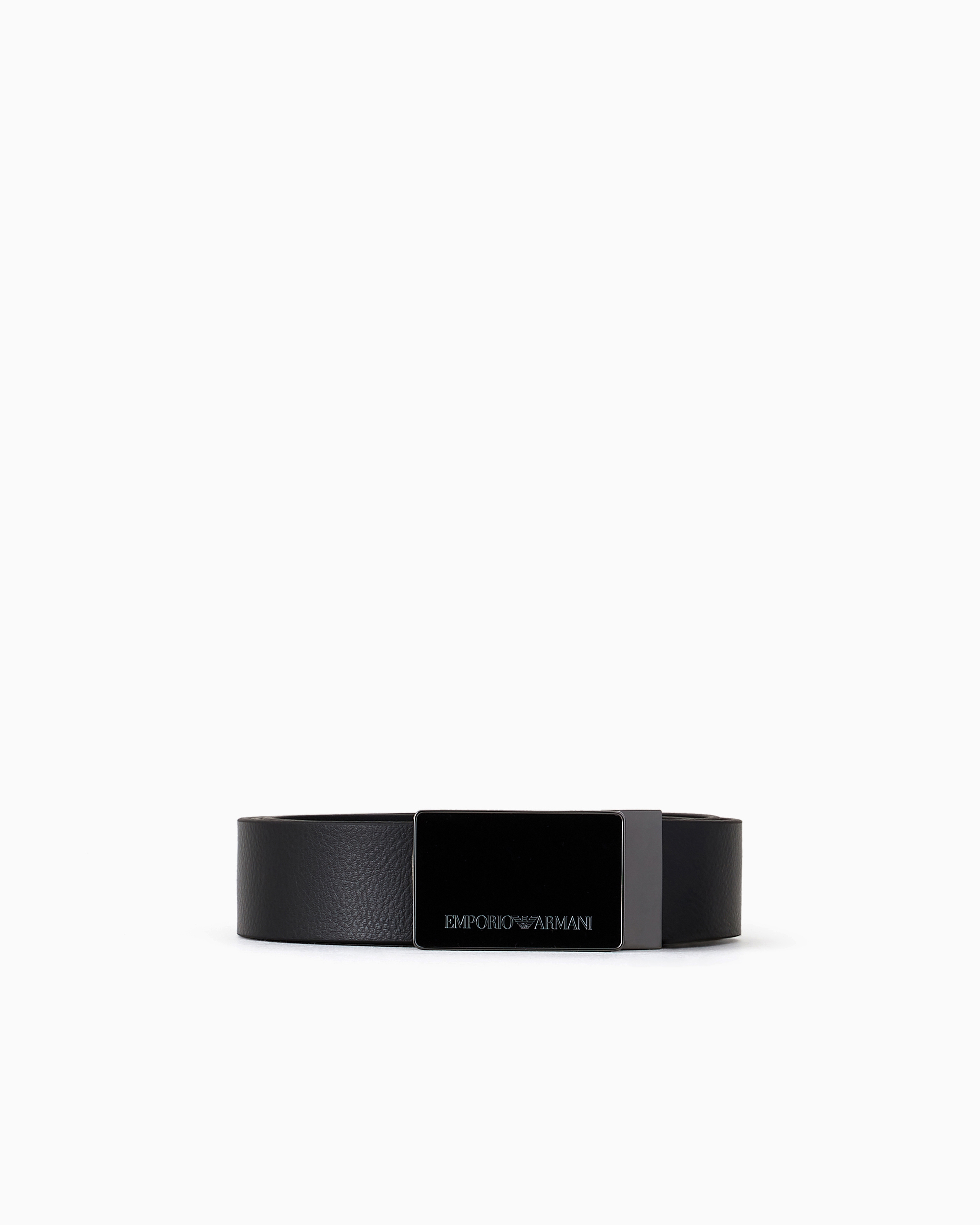 Emporio Armani - Pebbled leather belt with plate, Man, Black, Size: TU