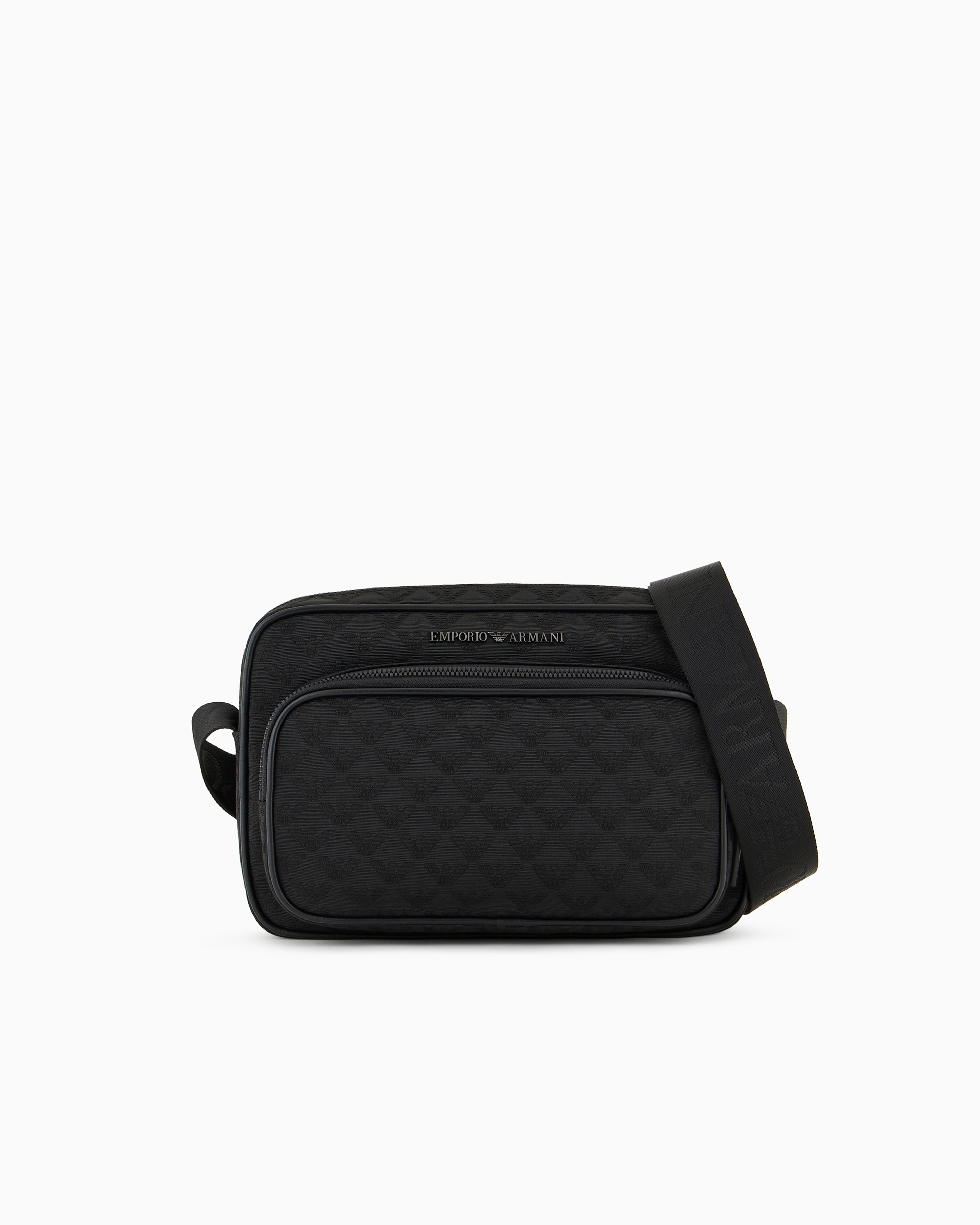 Emporio Armani Black Nylon Shoulder Bag With All-Over Jacquard Eagle