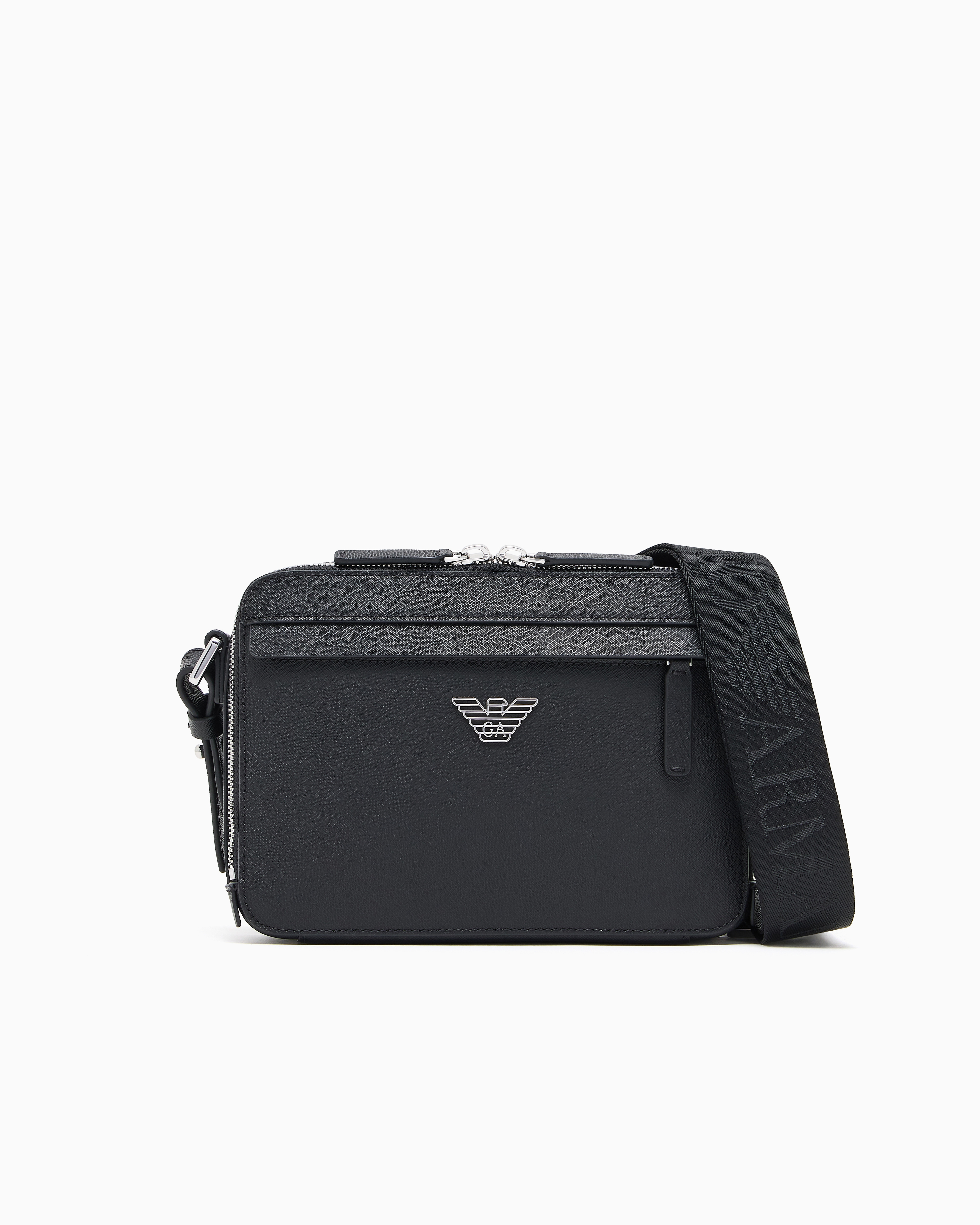 Emporio Armani - ASV regenerated Saffiano leather mini camera bag with eagle plate, Man, Black, Size: TU