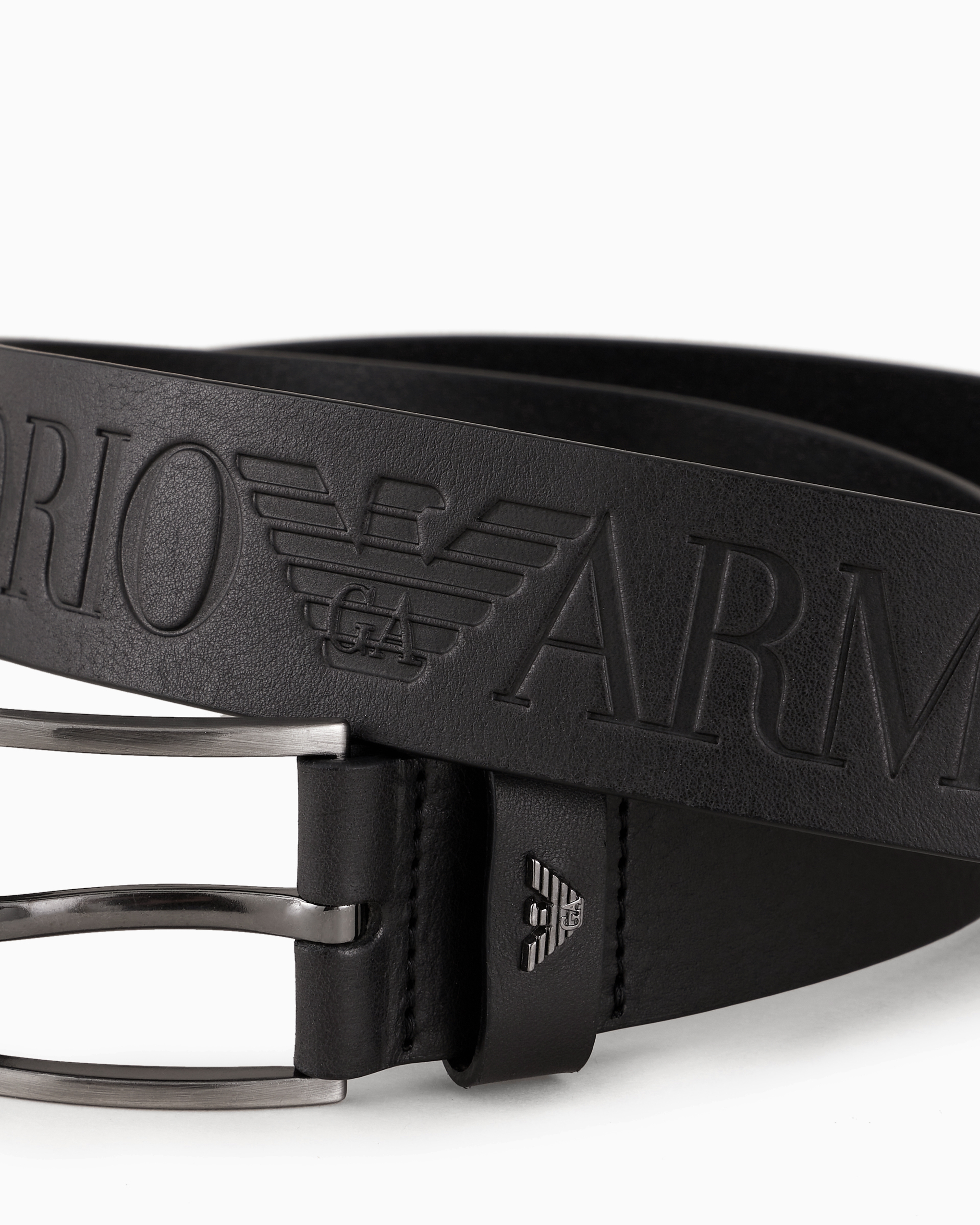 Emporio Armani - Tumbled-leather belt with oversized logo lettering, Man, Black, Size: