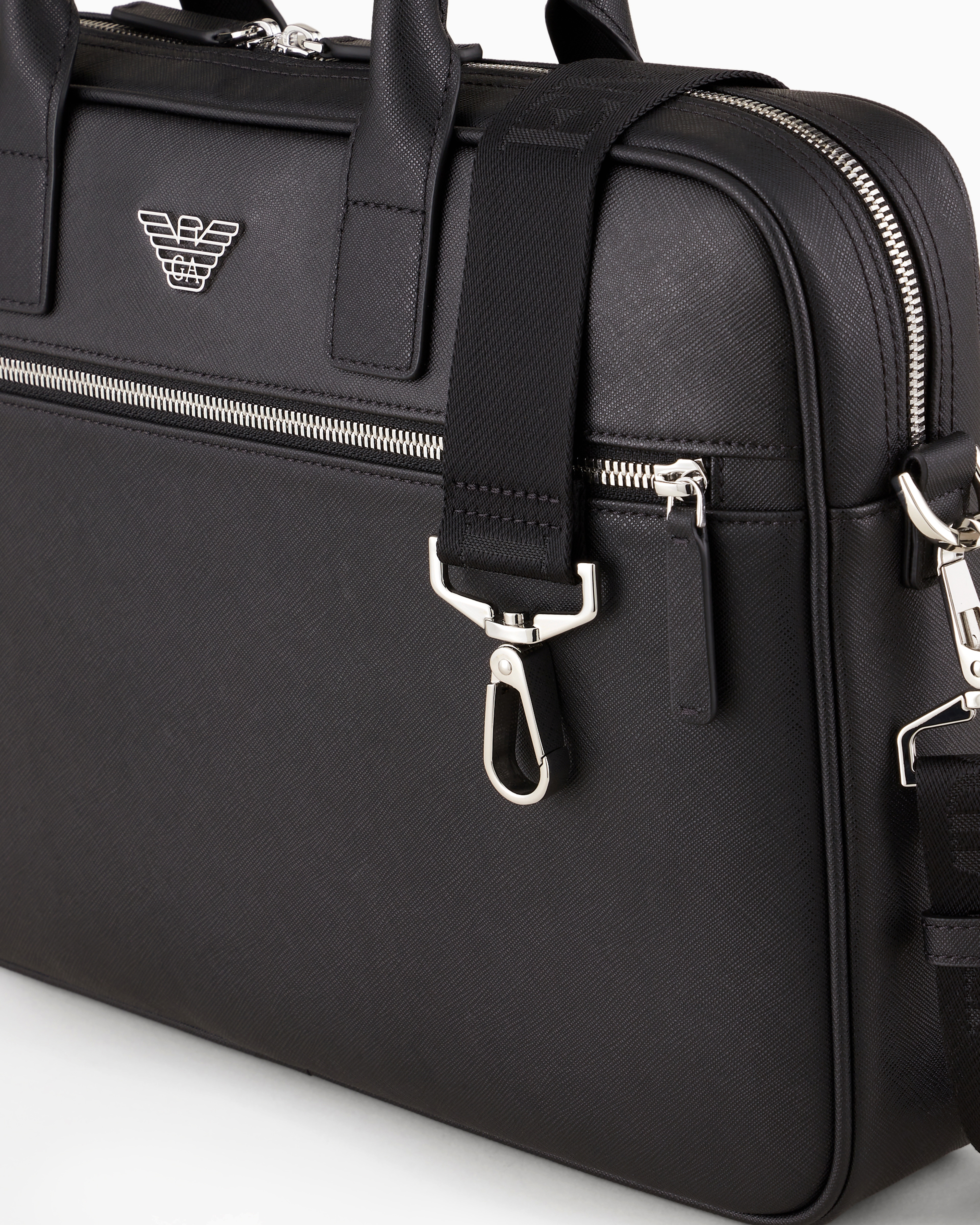 Emporio Armani - ASV regenerated Saffiano leather business bag with eagle plate, Man, Black, Size: TU