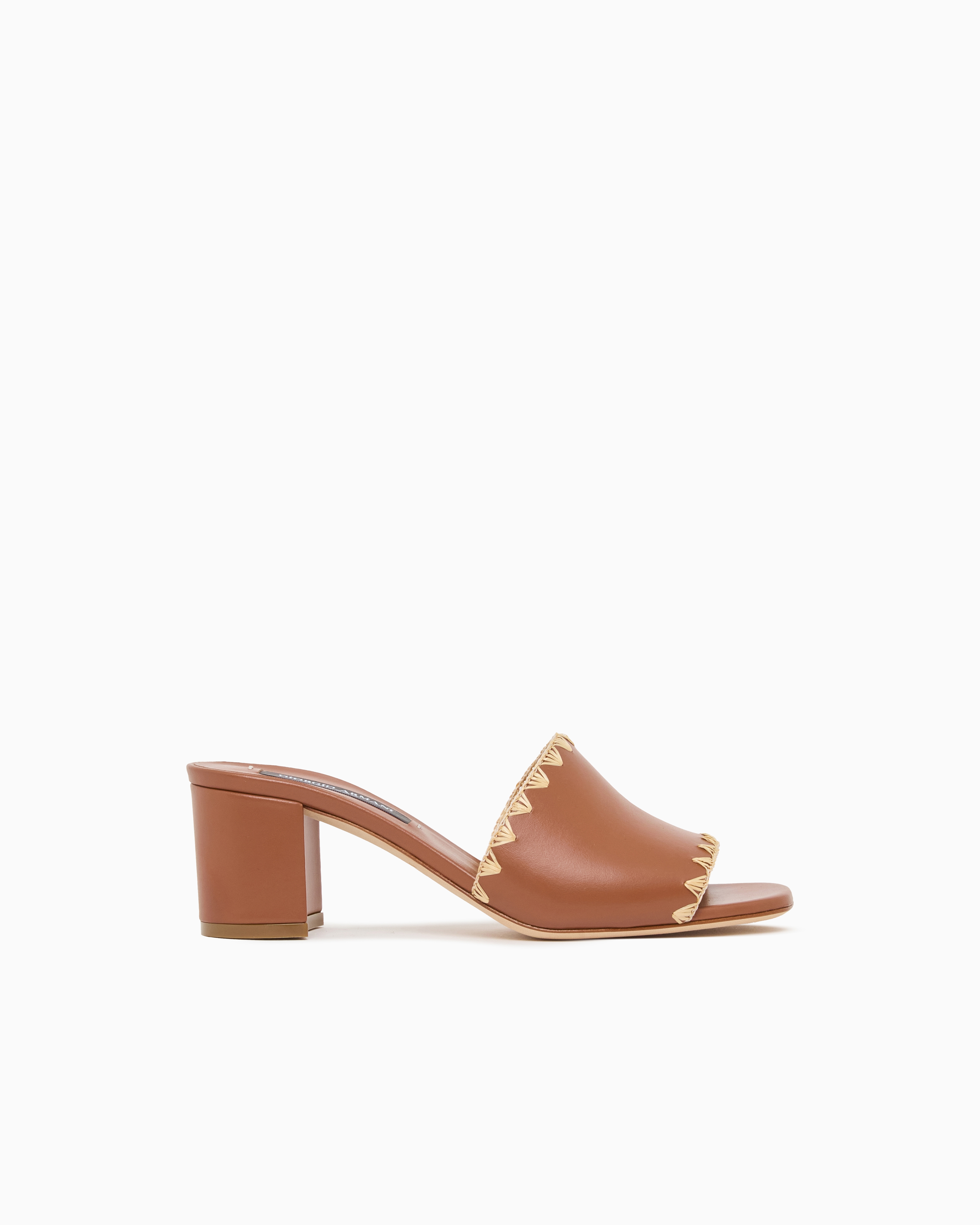 Giorgio Armani Brown Leather Heeled Sandals With Raffia Detail