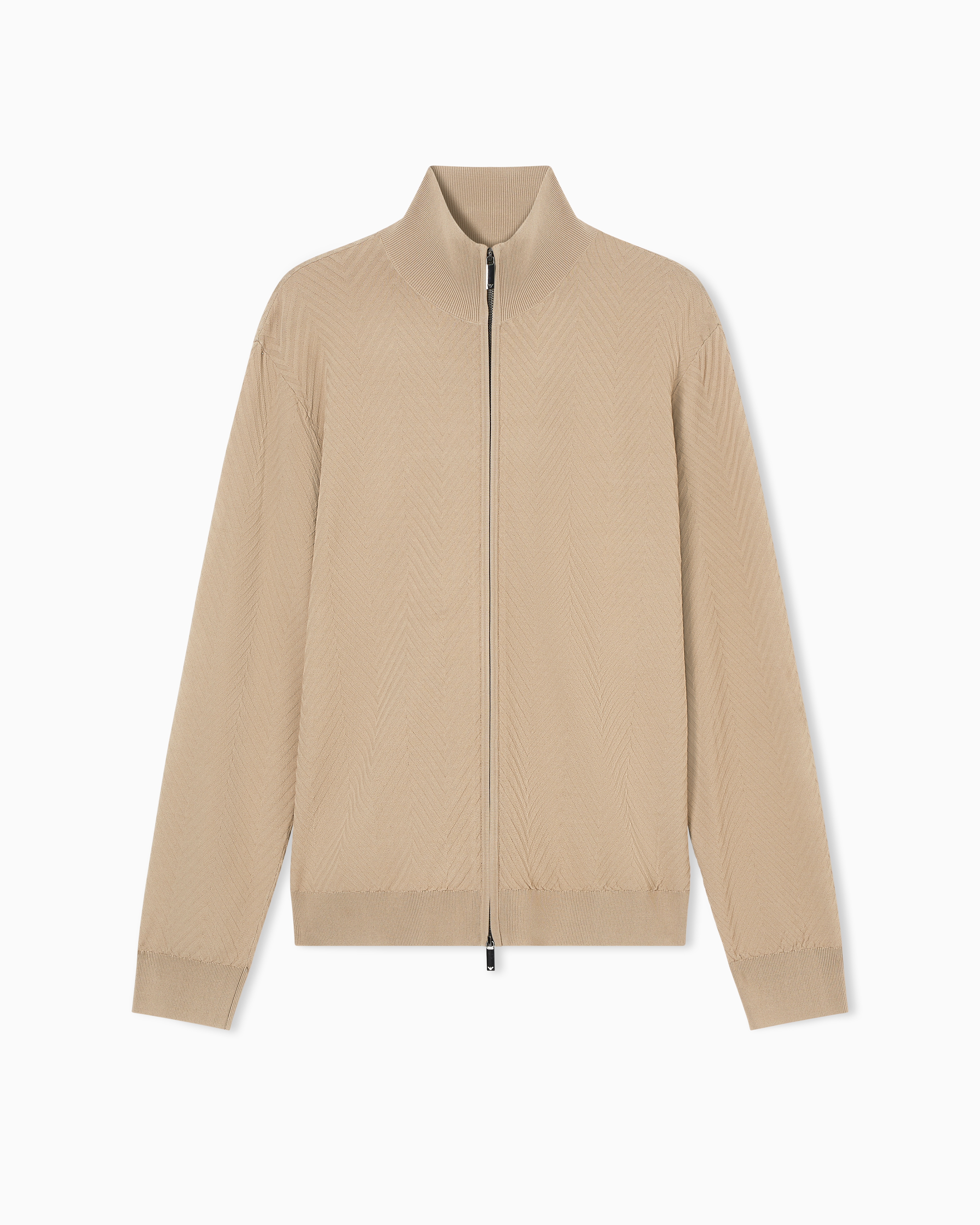 Emporio Armani Full Zip Chevron Stitch Cardigan In Viscose Blend Icon Asv In Brown