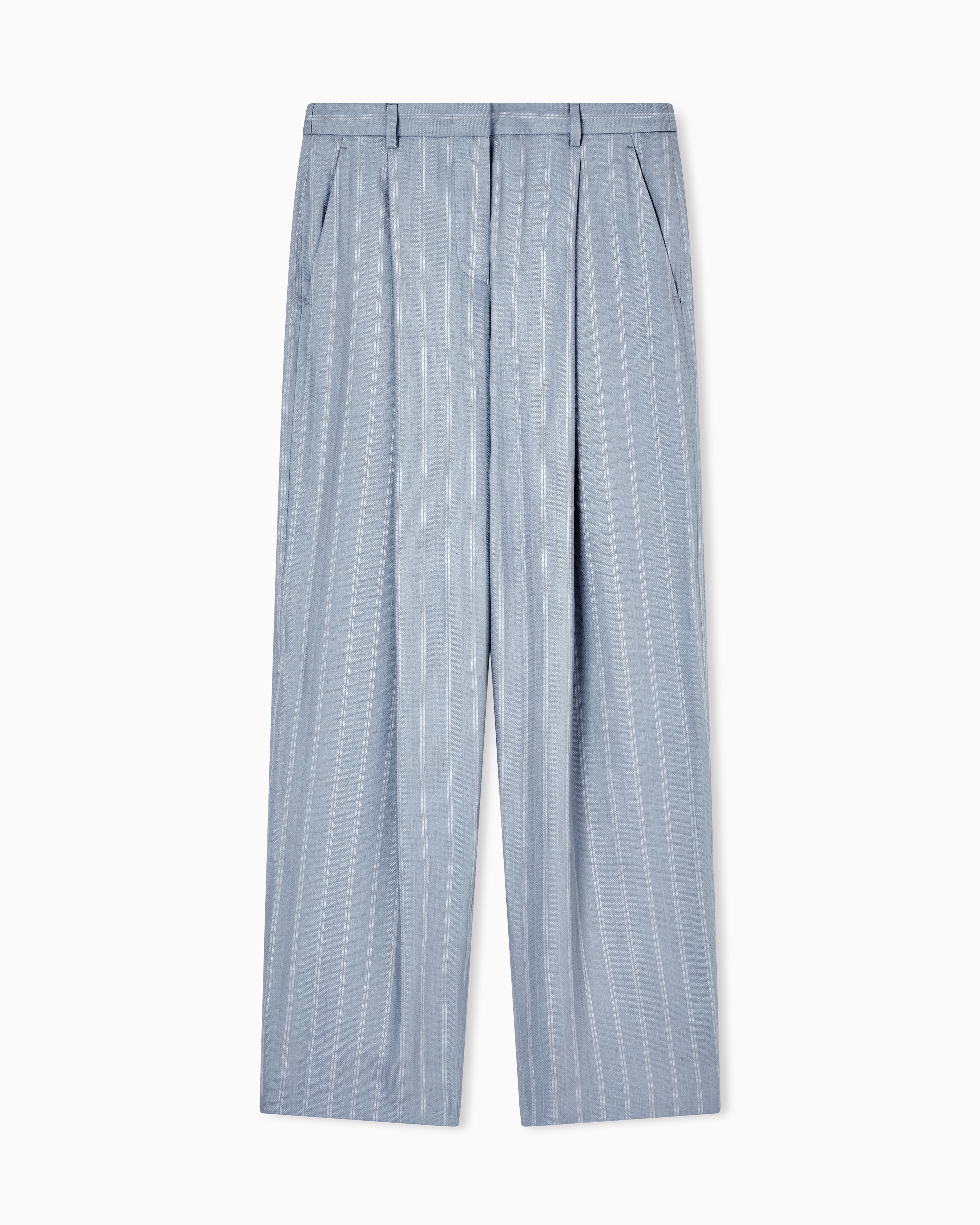 Giorgio Armani Blue Silk-And-Linen Pinstripe Single-Pleat Trousers