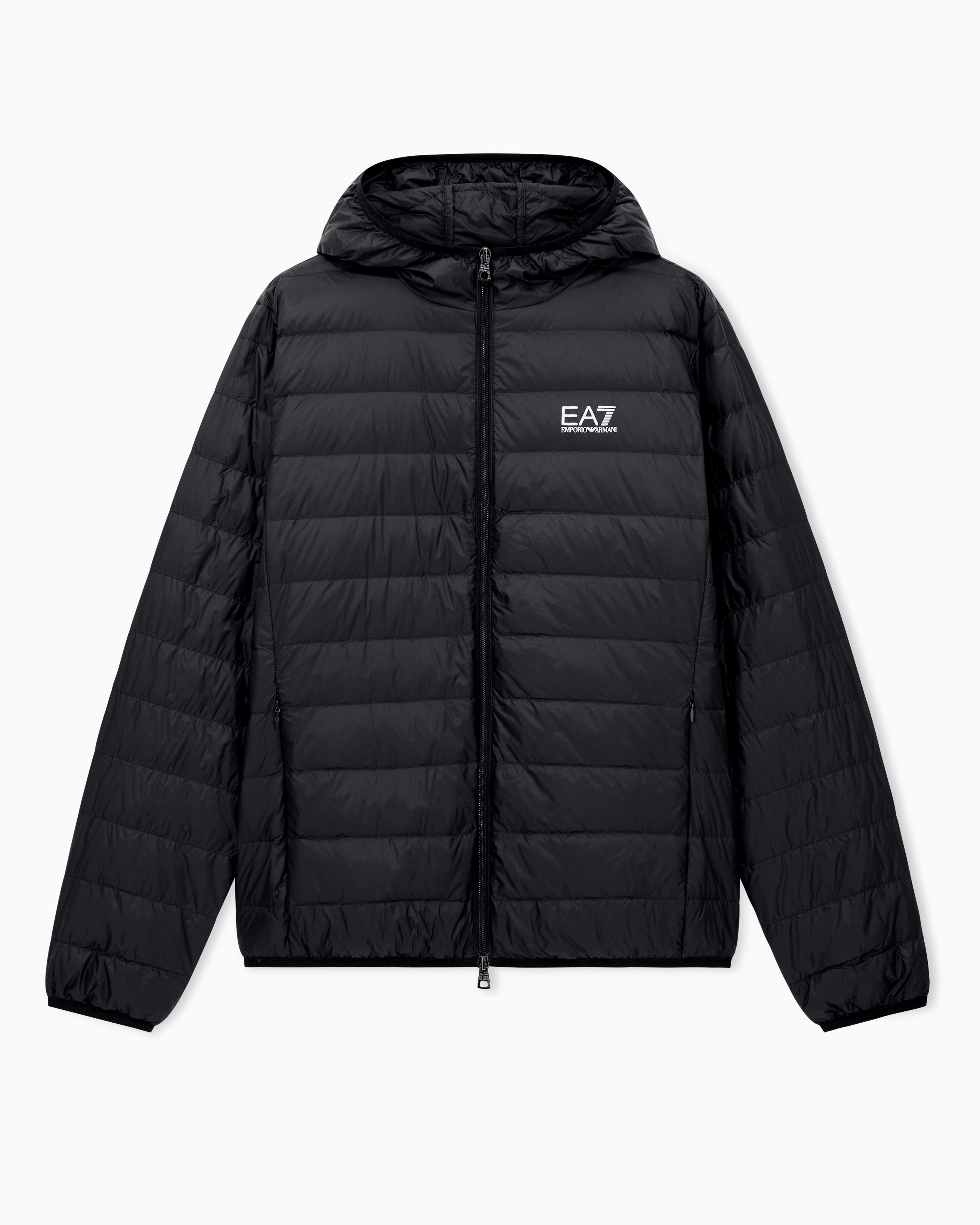 Ea7 Men's Black Insulated Down Jacket With Fixed Hood Core Identity