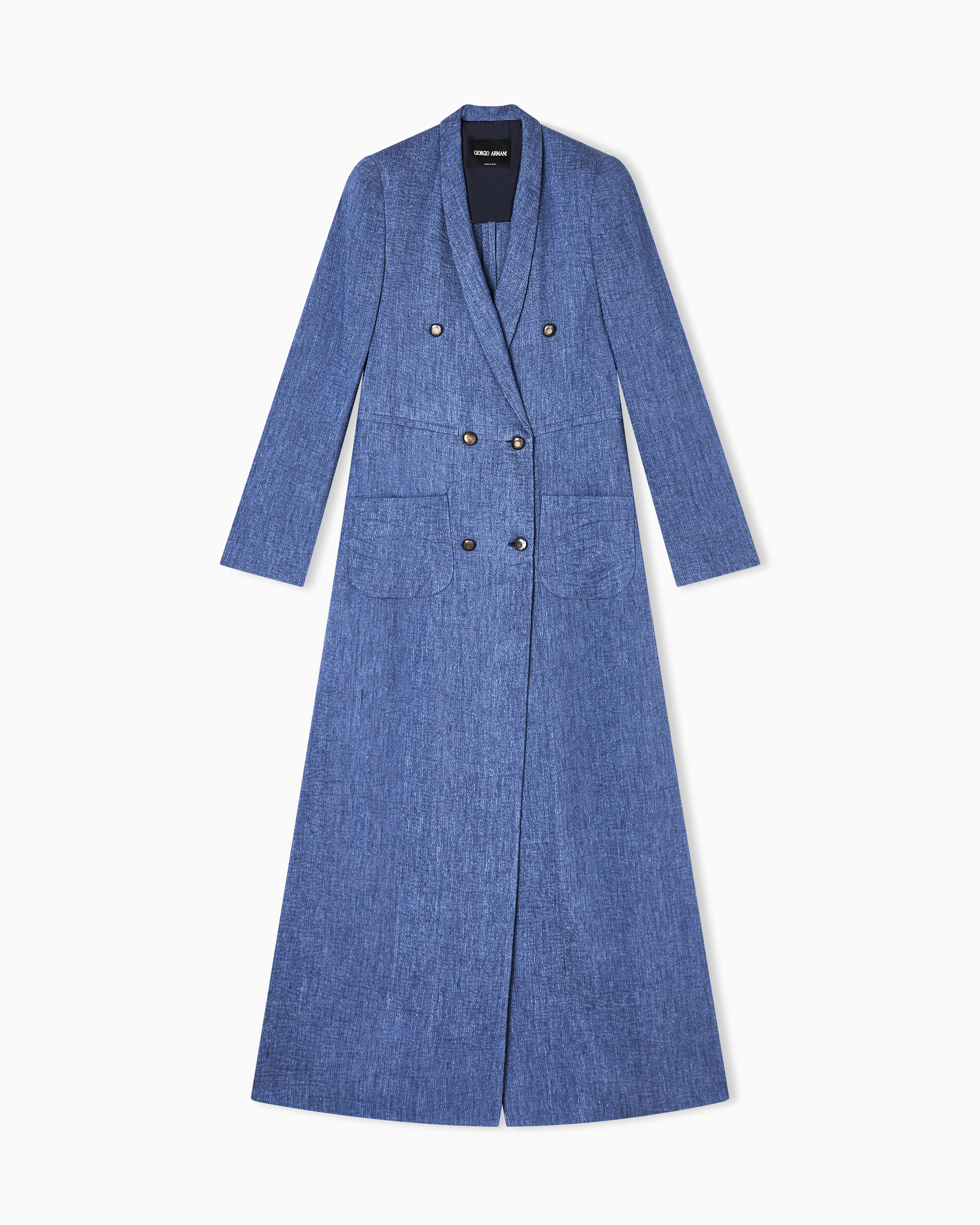 Giorgio Armani Blue Long Double-Breasted Coat In Faded Linen, Viscose And Silk Crêpe.