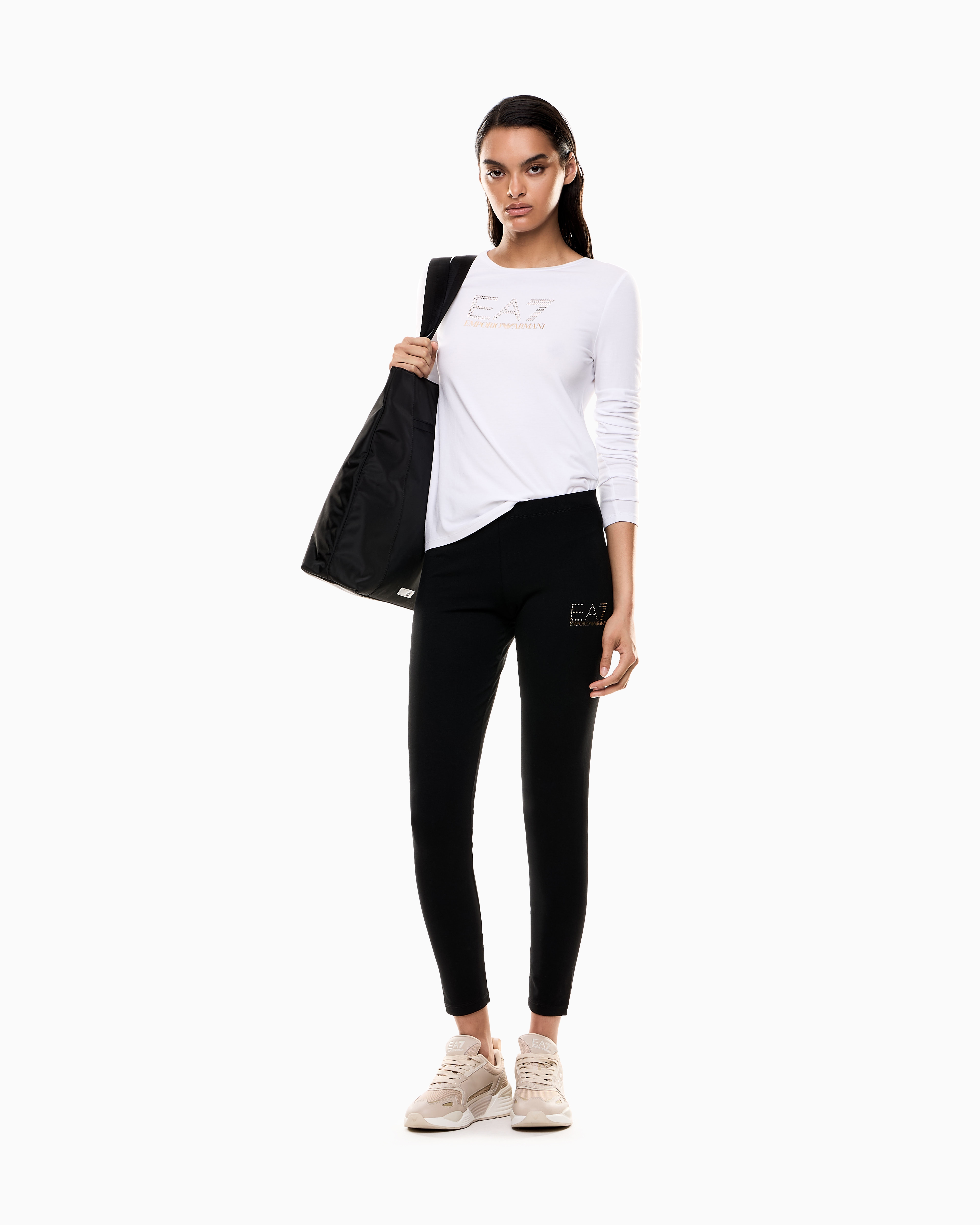 EA7 Emporio Armani Leggings 8NTP82 TJ01Z – Donna, Colore Nero Con Logo Dorato, In Cotone, Autunno/inverno
