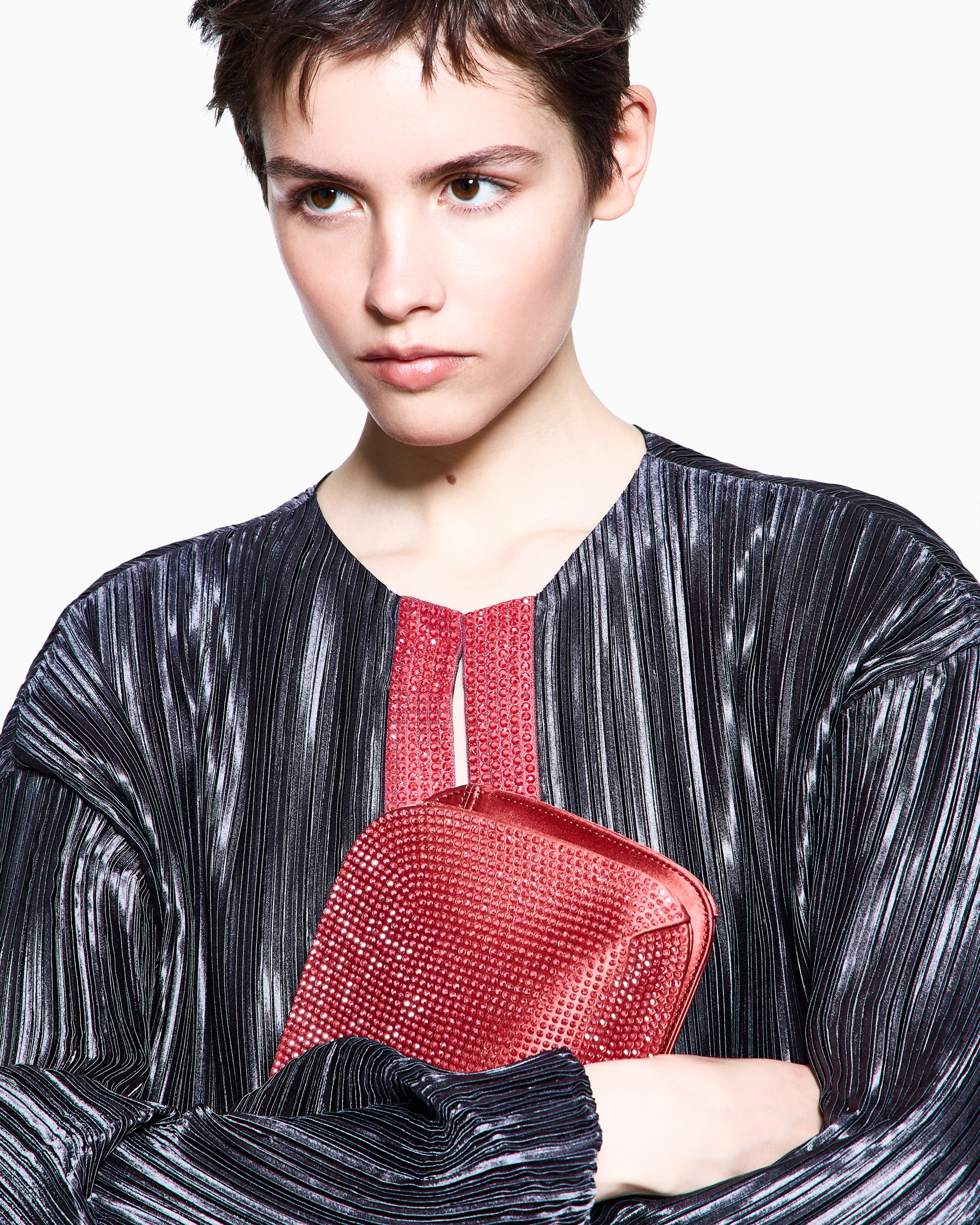 Giorgio Armani Single-breasted Jacket In Pleated Fabric With Rhinestones In Black