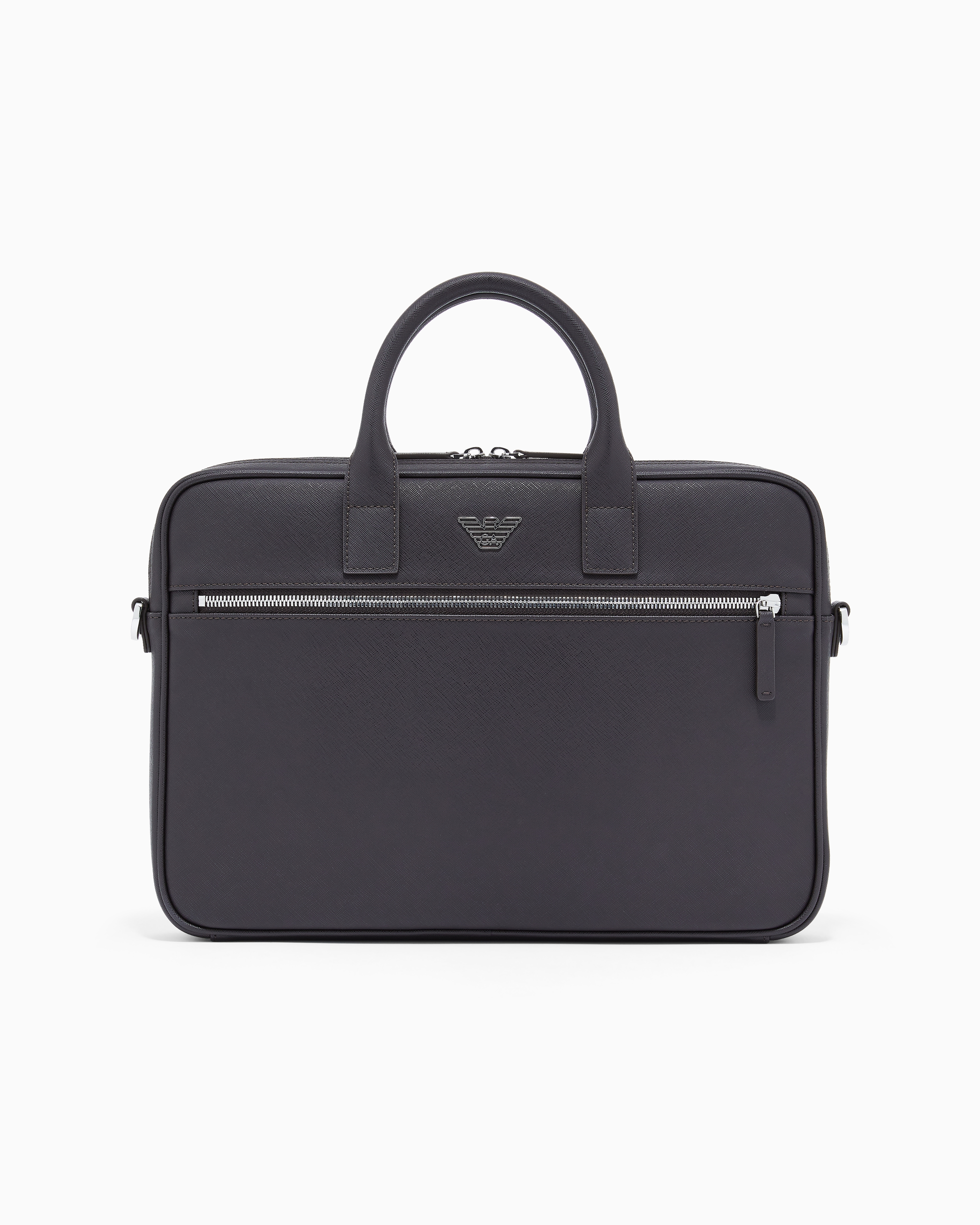 Emporio Armani Brown Asv Regenerated Saffiano Leather Business Bag With Eagle Plate