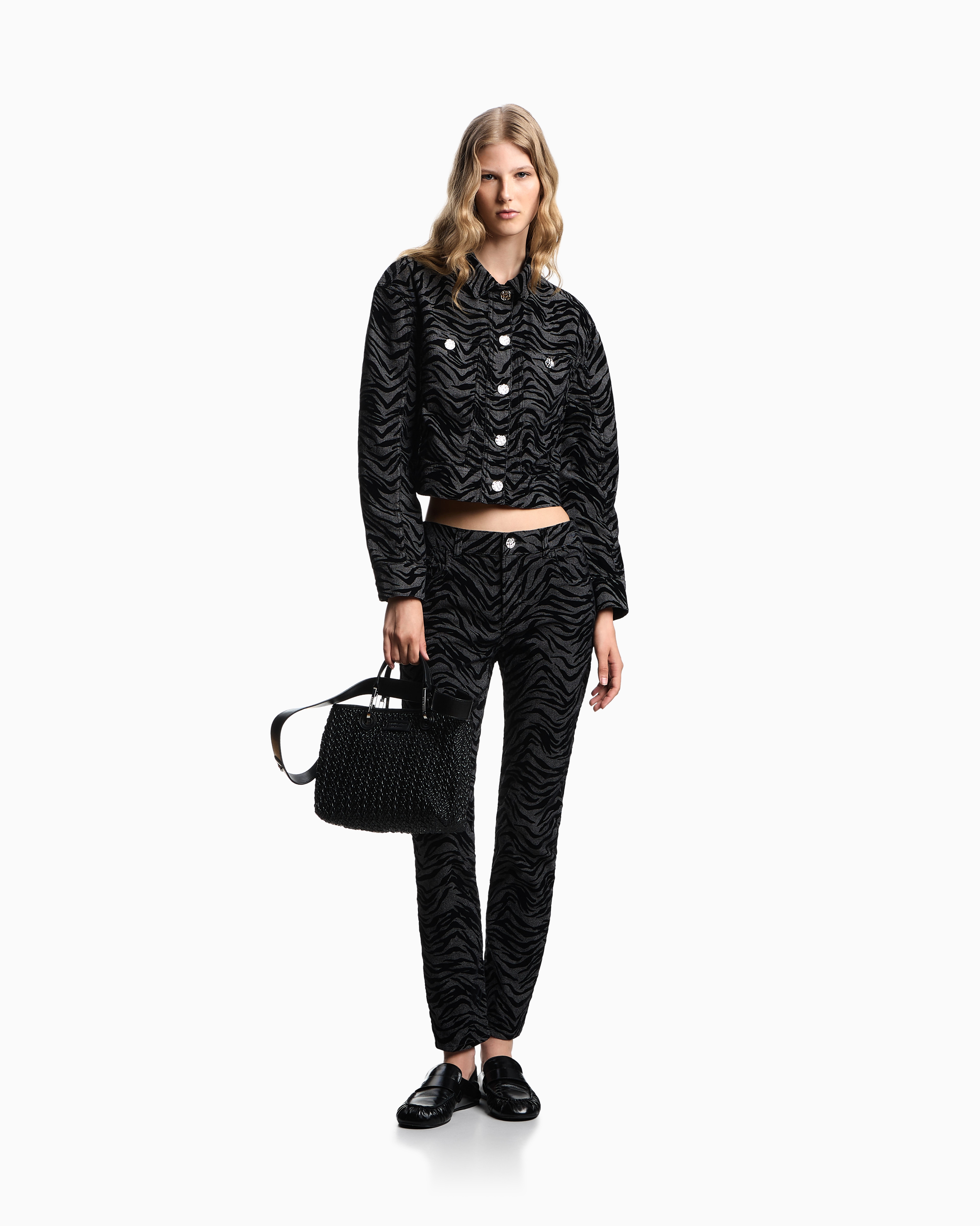 Emporio Armani - Garment-dyed drill jacket with flocked animal print, Woman, Black, Size: