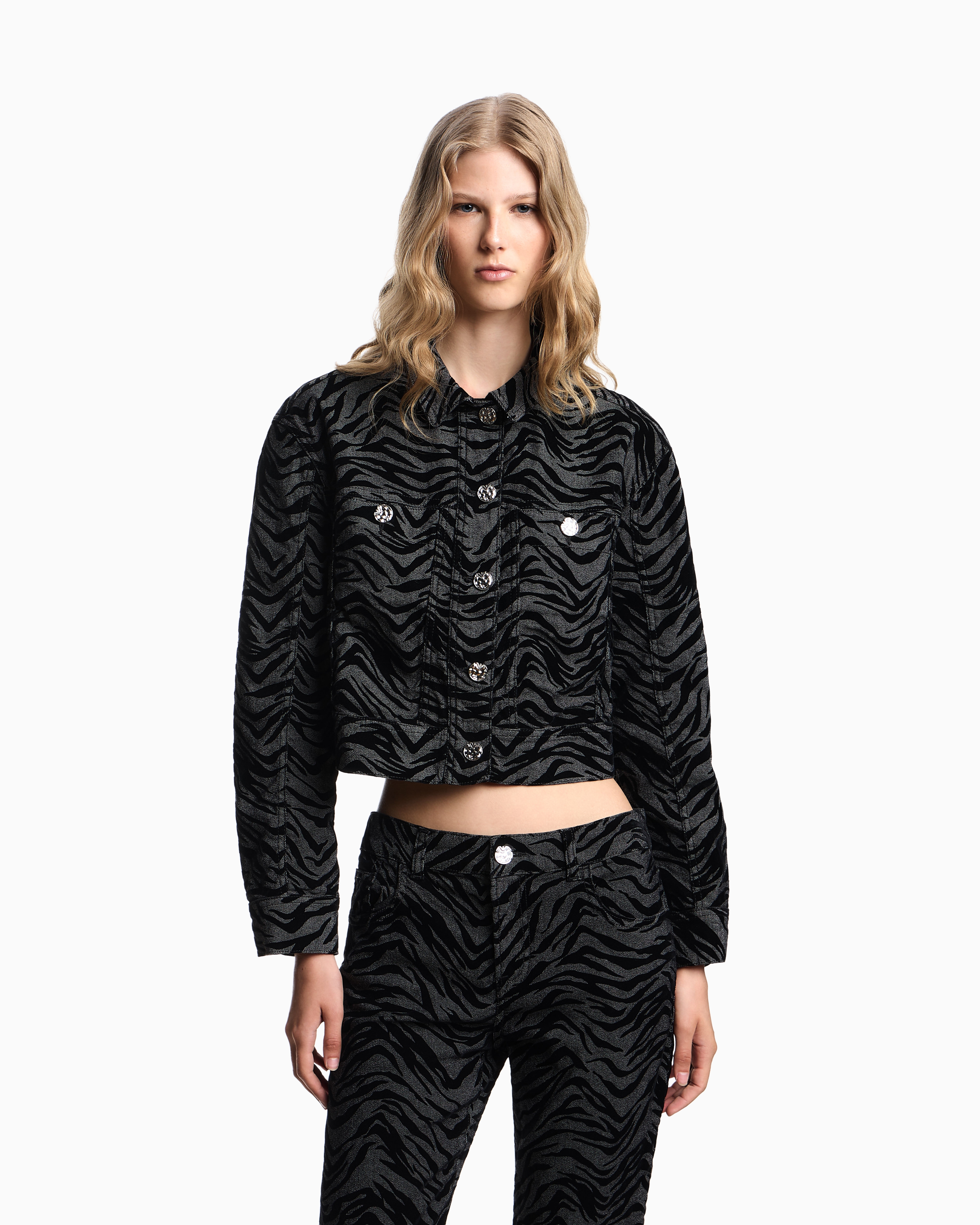 Emporio Armani - Garment-dyed drill jacket with flocked animal print, Woman, Black, Size: