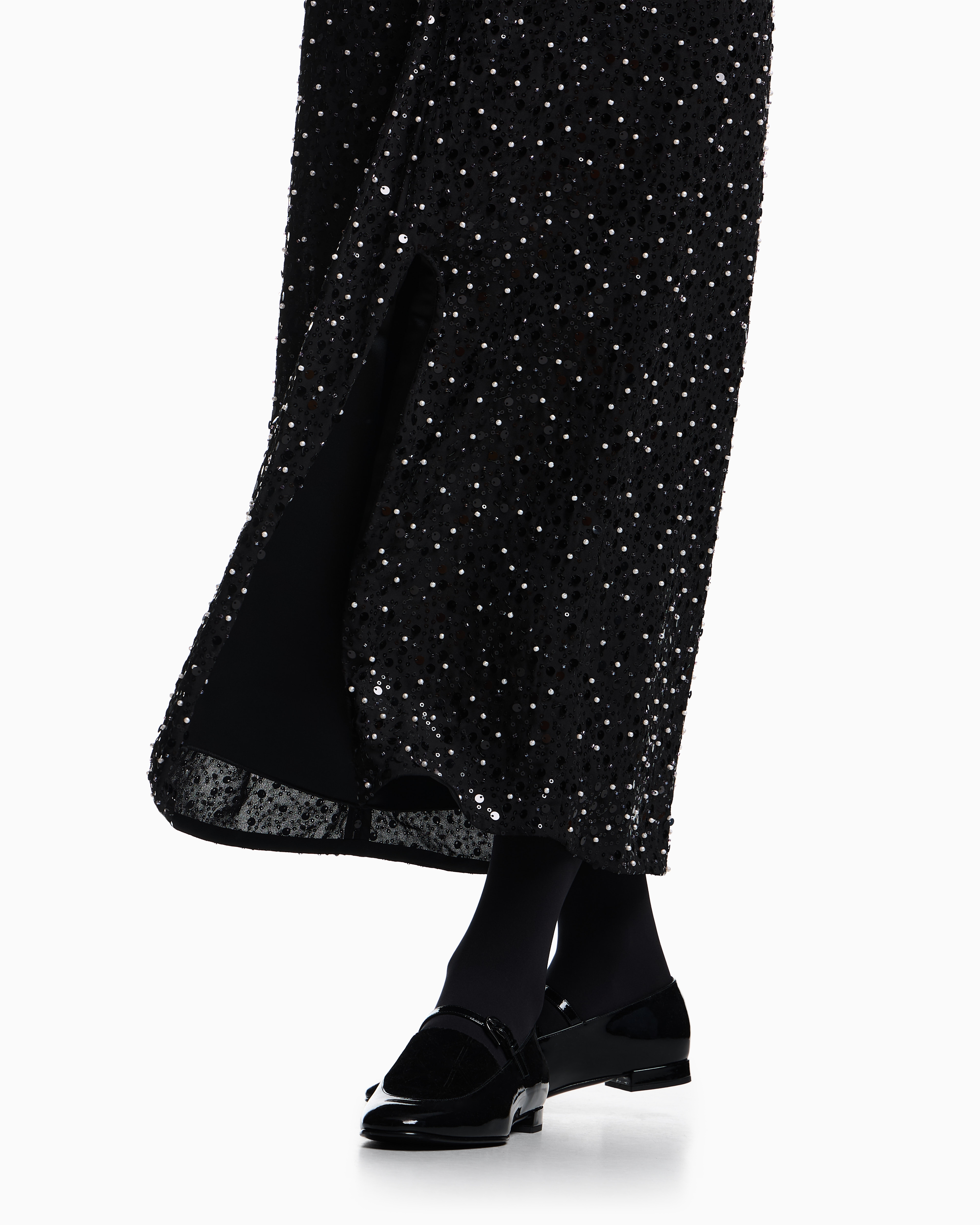 Emporio Armani - Georgette skirt with all-over beads and sequins, Woman, Black, Size: