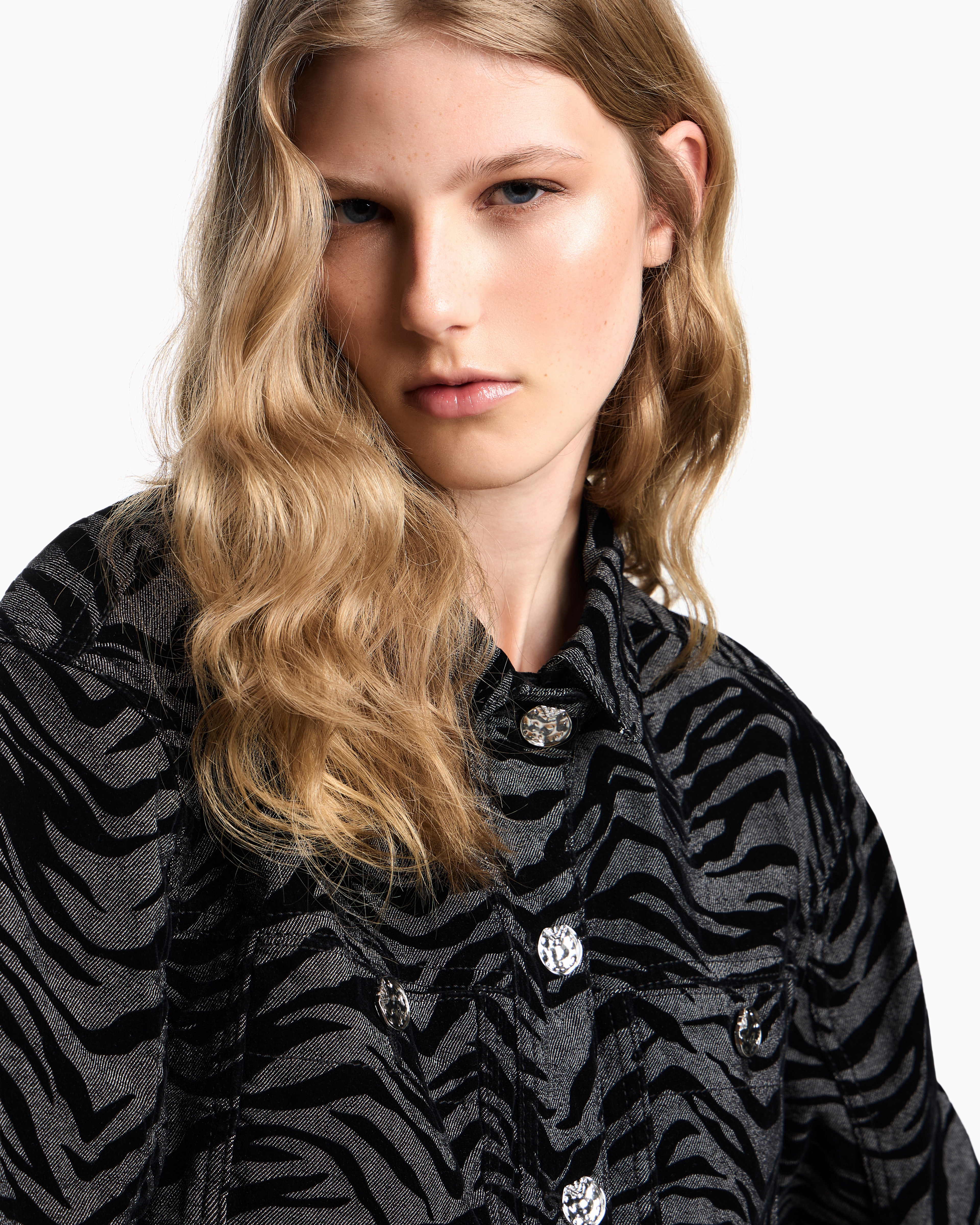 Emporio Armani - Garment-dyed drill jacket with flocked animal print, Woman, Black, Size: