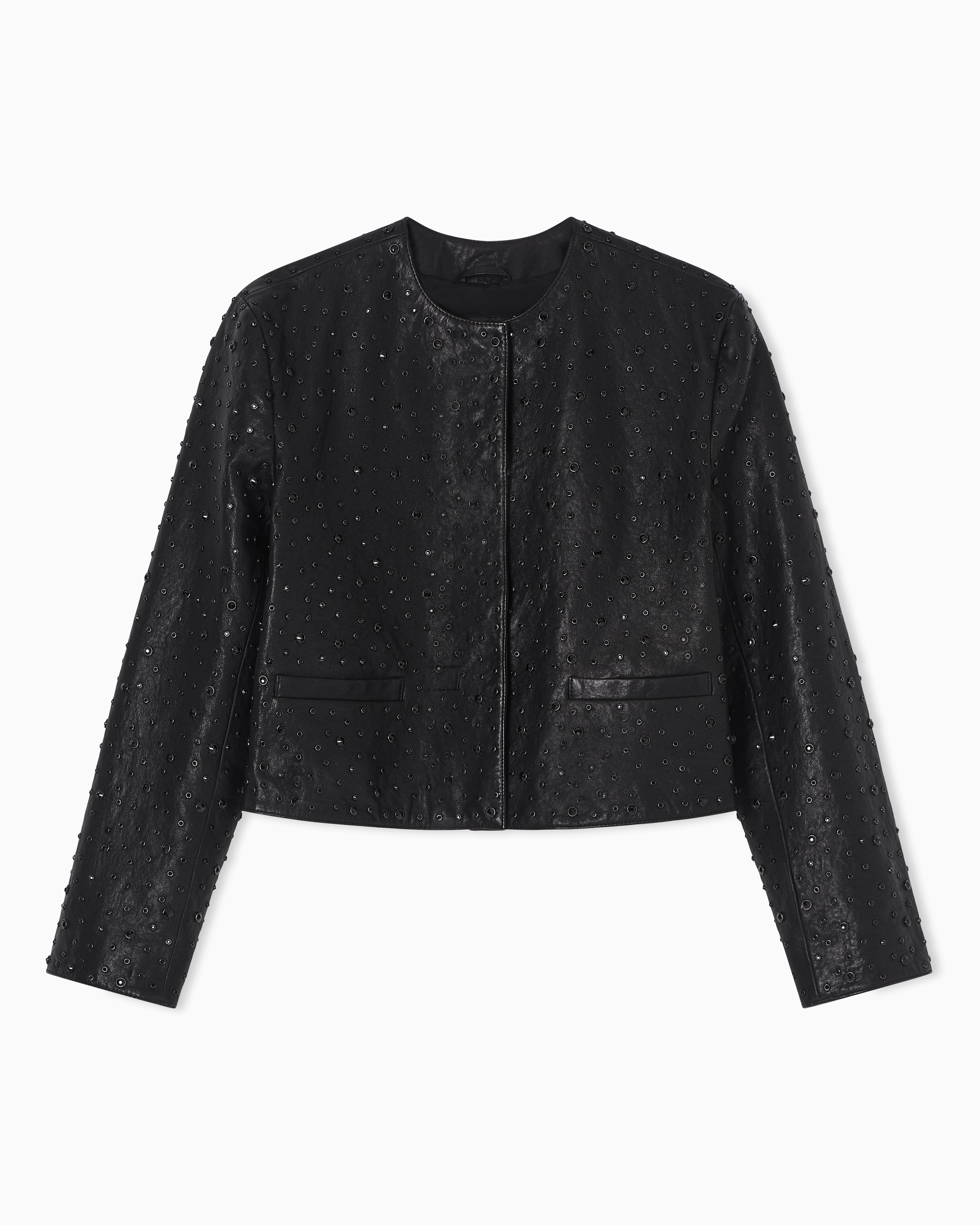 Emporio Armani Black Boxy Jacket In Vegetable-Tanned Nappa Lambskin With All-Over Crystals