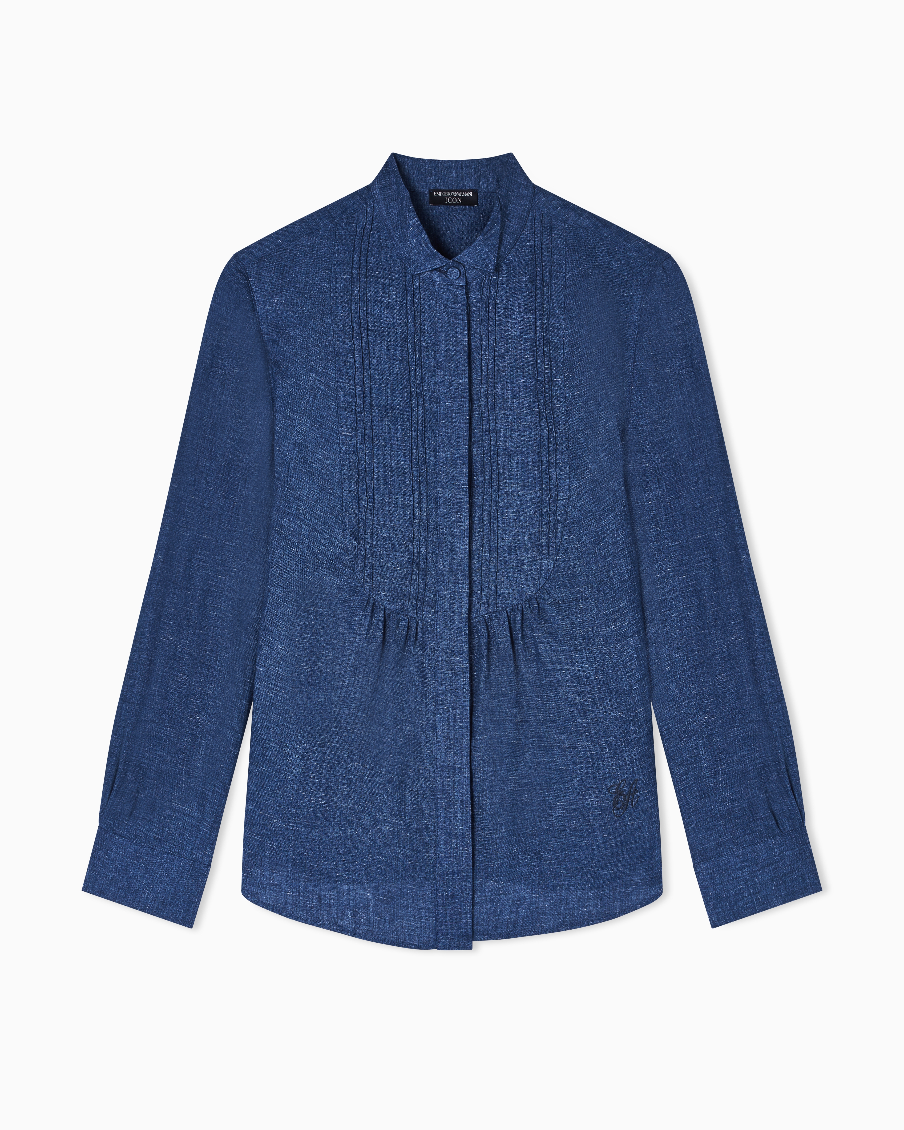 Emporio Armani Blue Icon Linen Chambray Shirt With Plastron